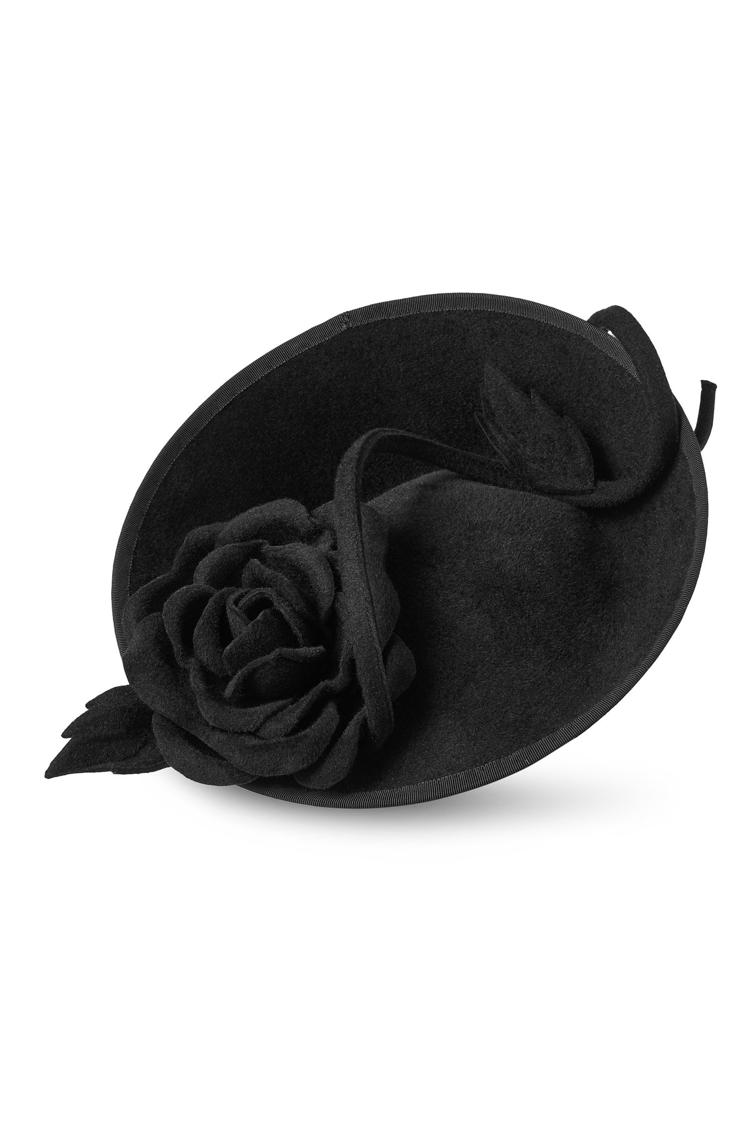 WOMEN'S BLACK FELT COUTURE PERCHER HAT WITH ROSE AND VINE DETAILING