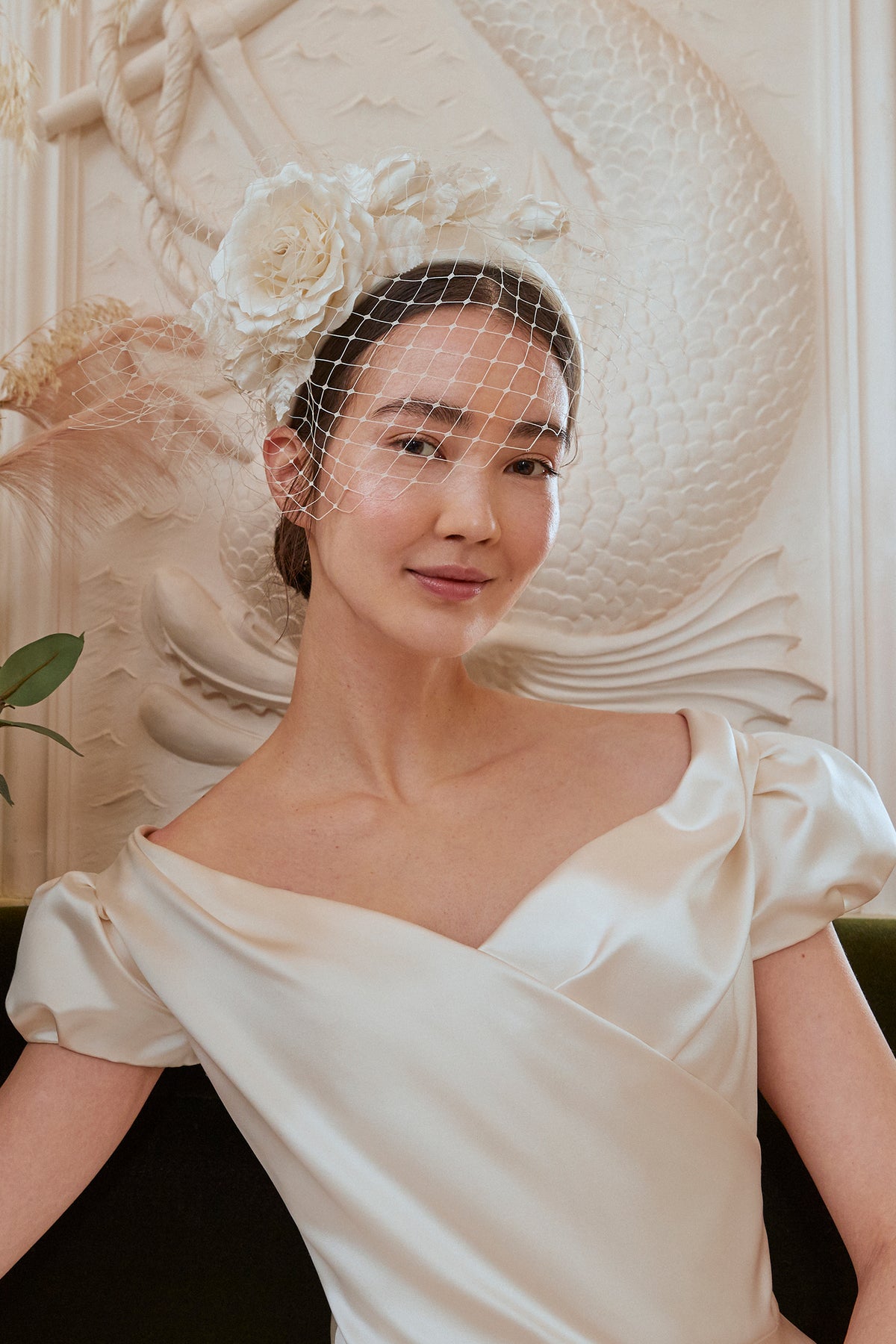 IVORY DUCHESS SATIN COVERED COUTURE HEADBAND WITH ROSE DETAILING AND A BIRDCAGE VEIL - Lock & Co. Hatters London UK
            