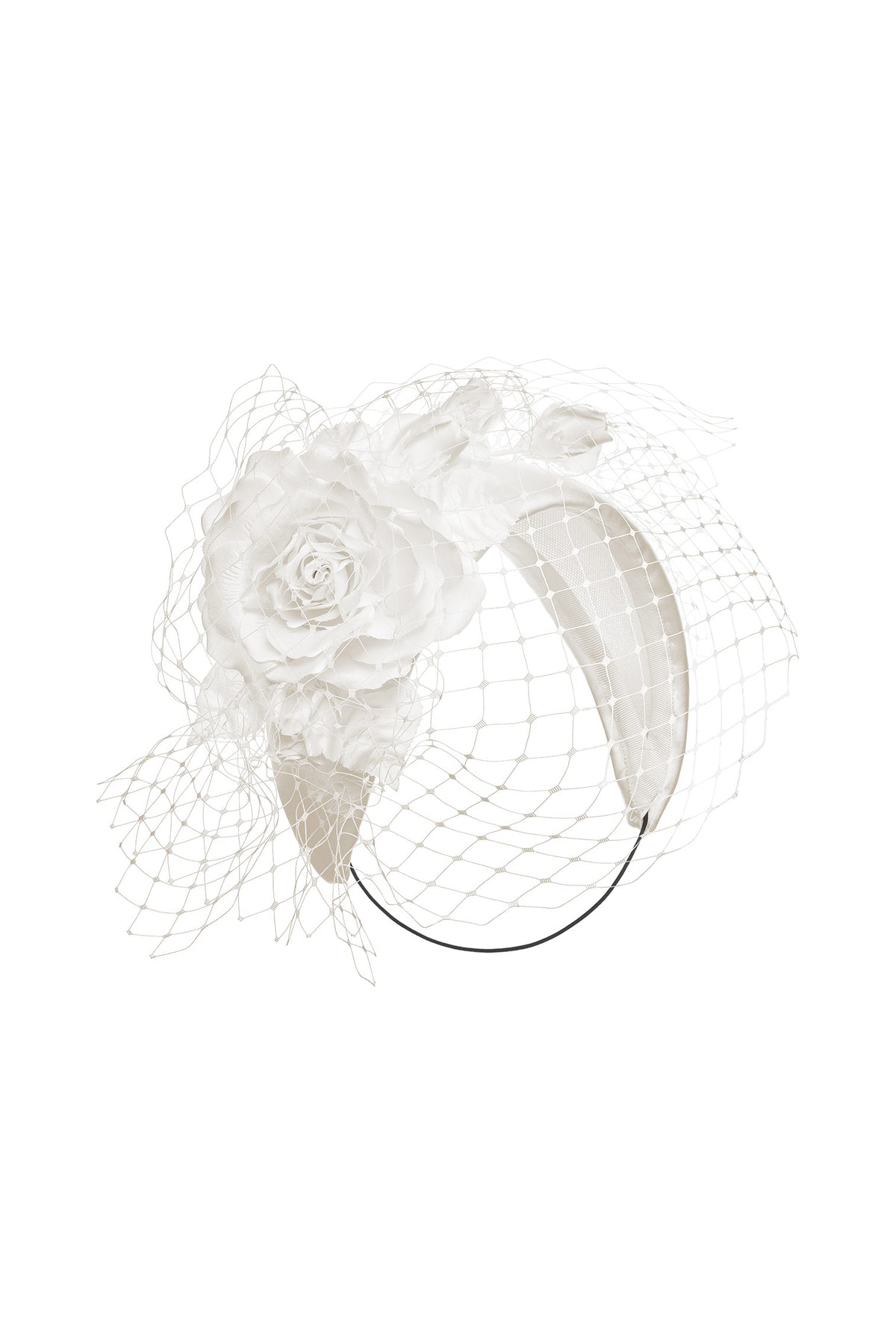 IVORY DUCHESS SATIN COVERED COUTURE HEADBAND WITH ROSE DETAILING AND A BIRDCAGE VEIL - Lock & Co. Hatters London UK
            