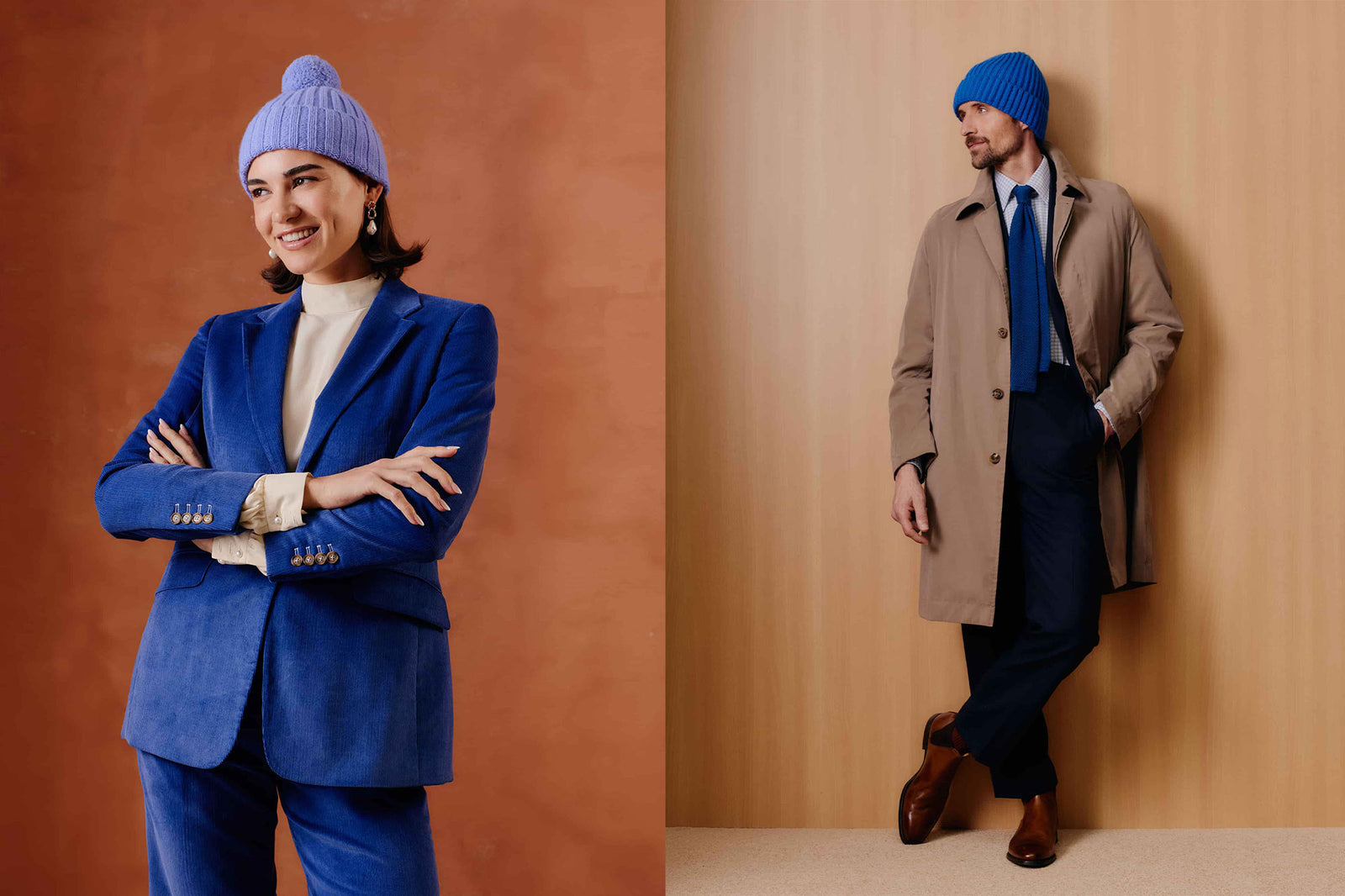 Unisex knitted wool beanies in lilac and royal blue. 