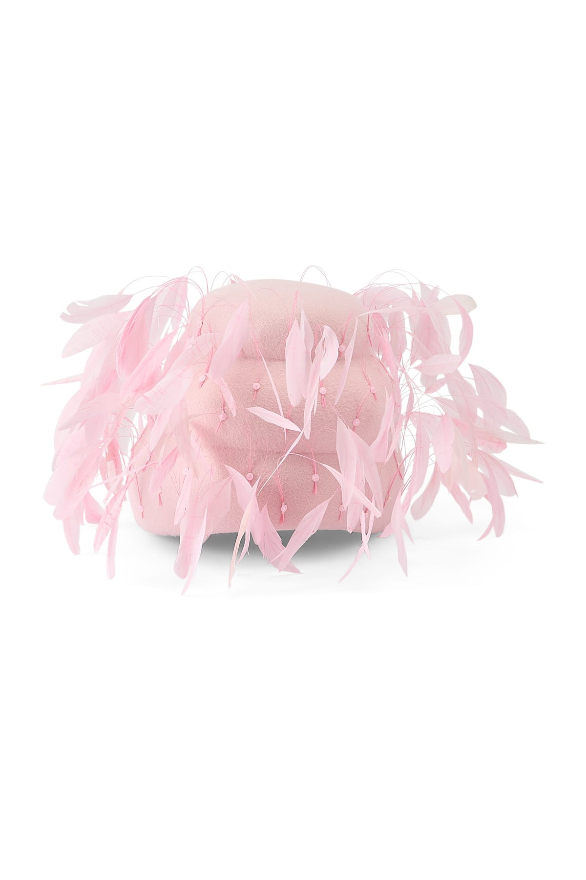 Couture pink velour felt beehive shape headpiece with pink feathers.