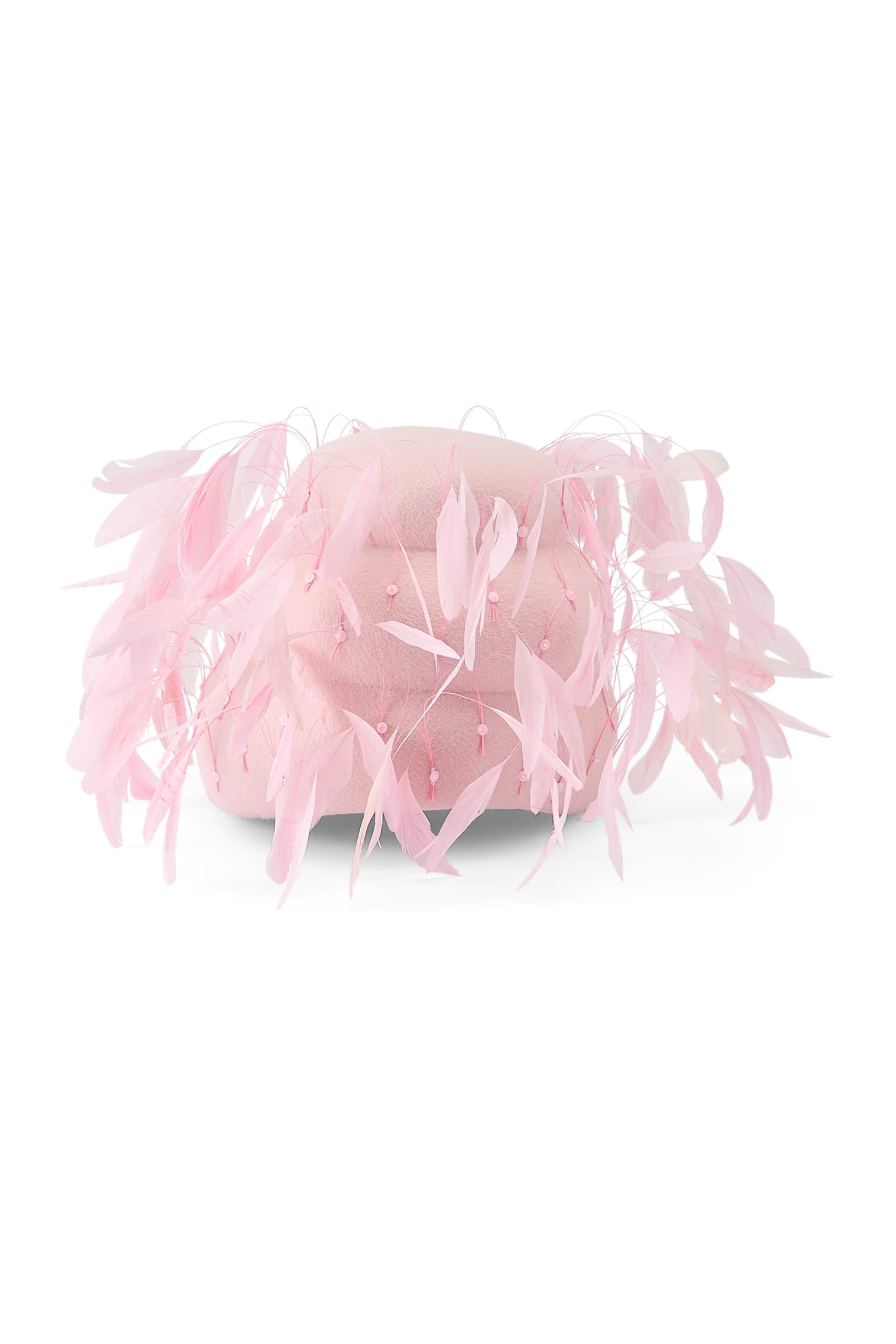 Couture pink velour felt beehive shape headpiece with pink feathers.