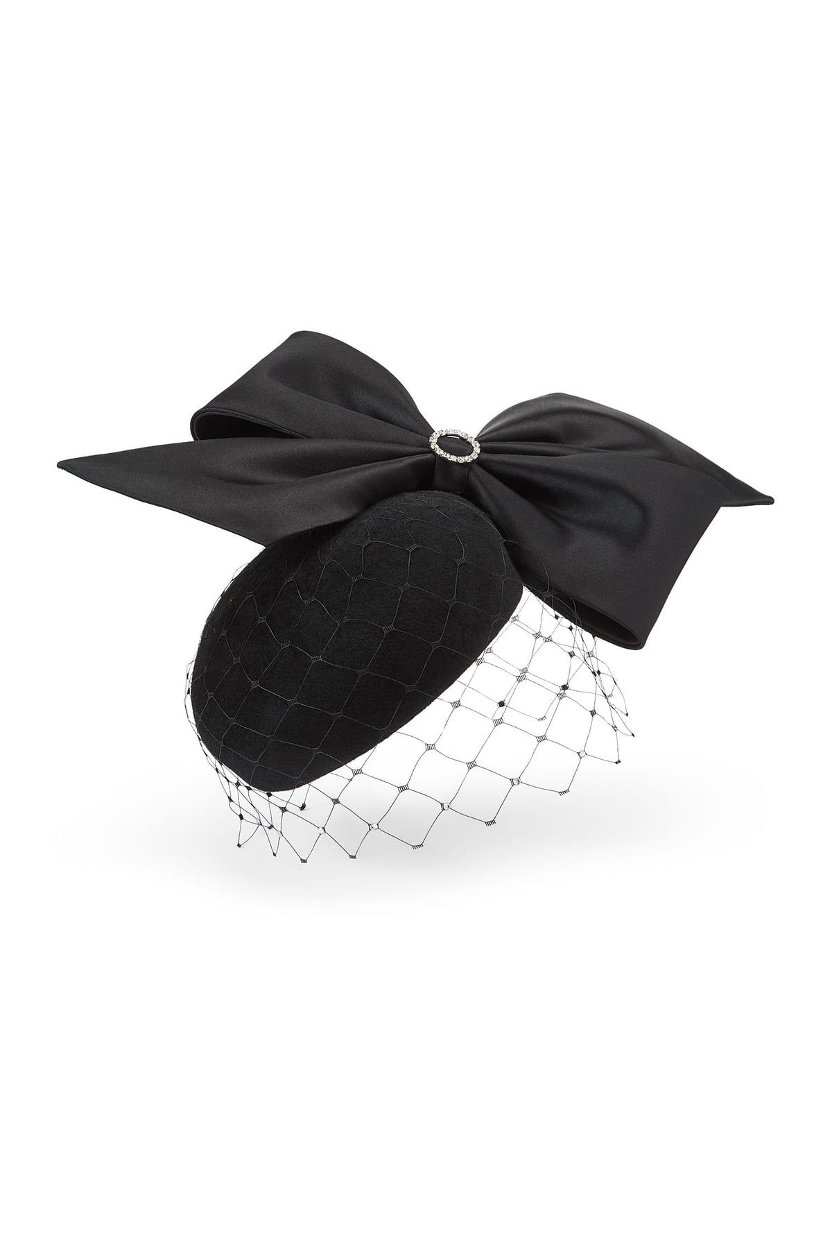 Couture black velour felt beret featuring a large satin bow on top, with a matching crystallised veil.