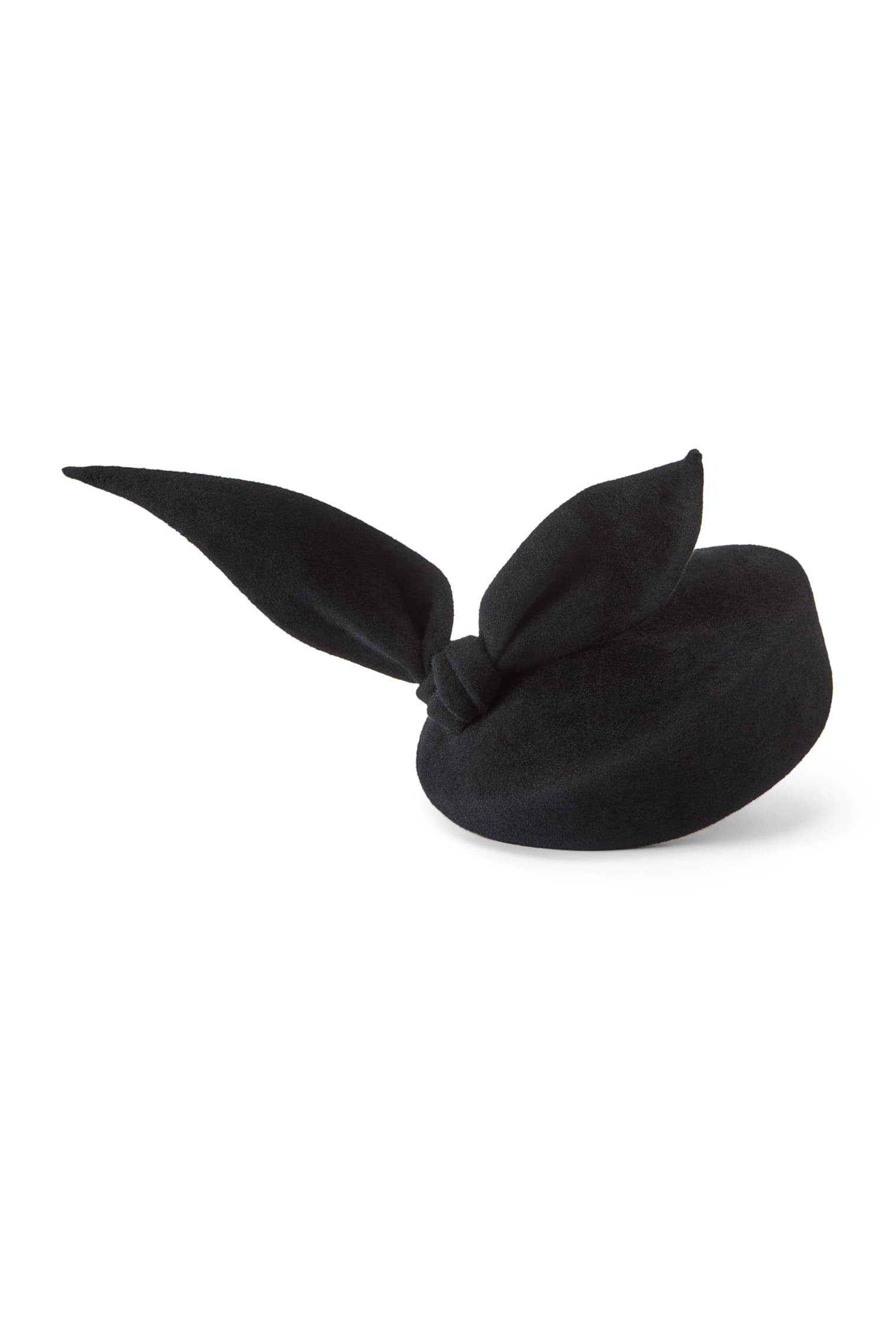 Couture black velour felt percher hat with a rounded base and a sculptural bow at the top.