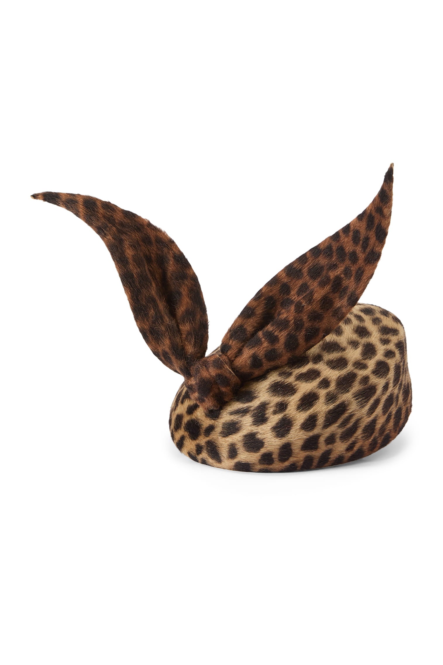 Couture leopard velour felt percher hat with a rounded base and a sculptural bow at the top.