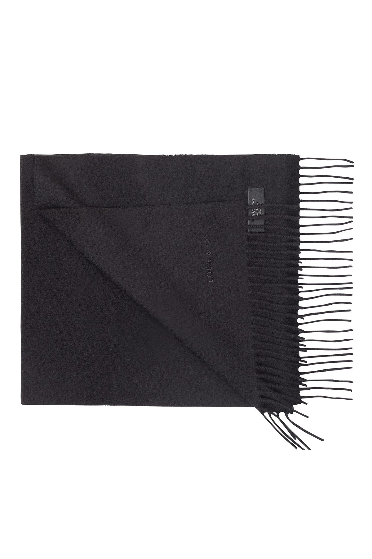 UNISEX BLACK CASHMERE SCARF WITH A FRINGED EDGING - Lock & Co. Hatters London UK
            