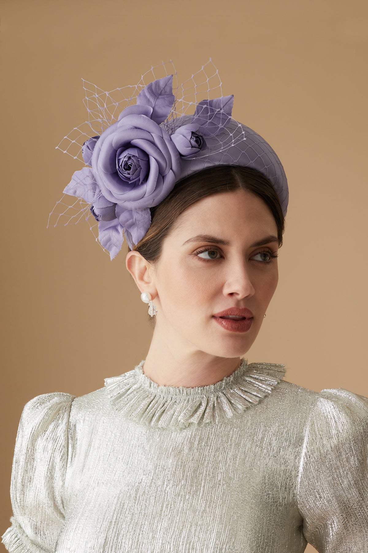 Women&#39;s Ceylon Lavender Crepe Back Satin Headband With A Delicate Satin Camellia And Veiling Trim - Lock & Co. Hatters London UK
            