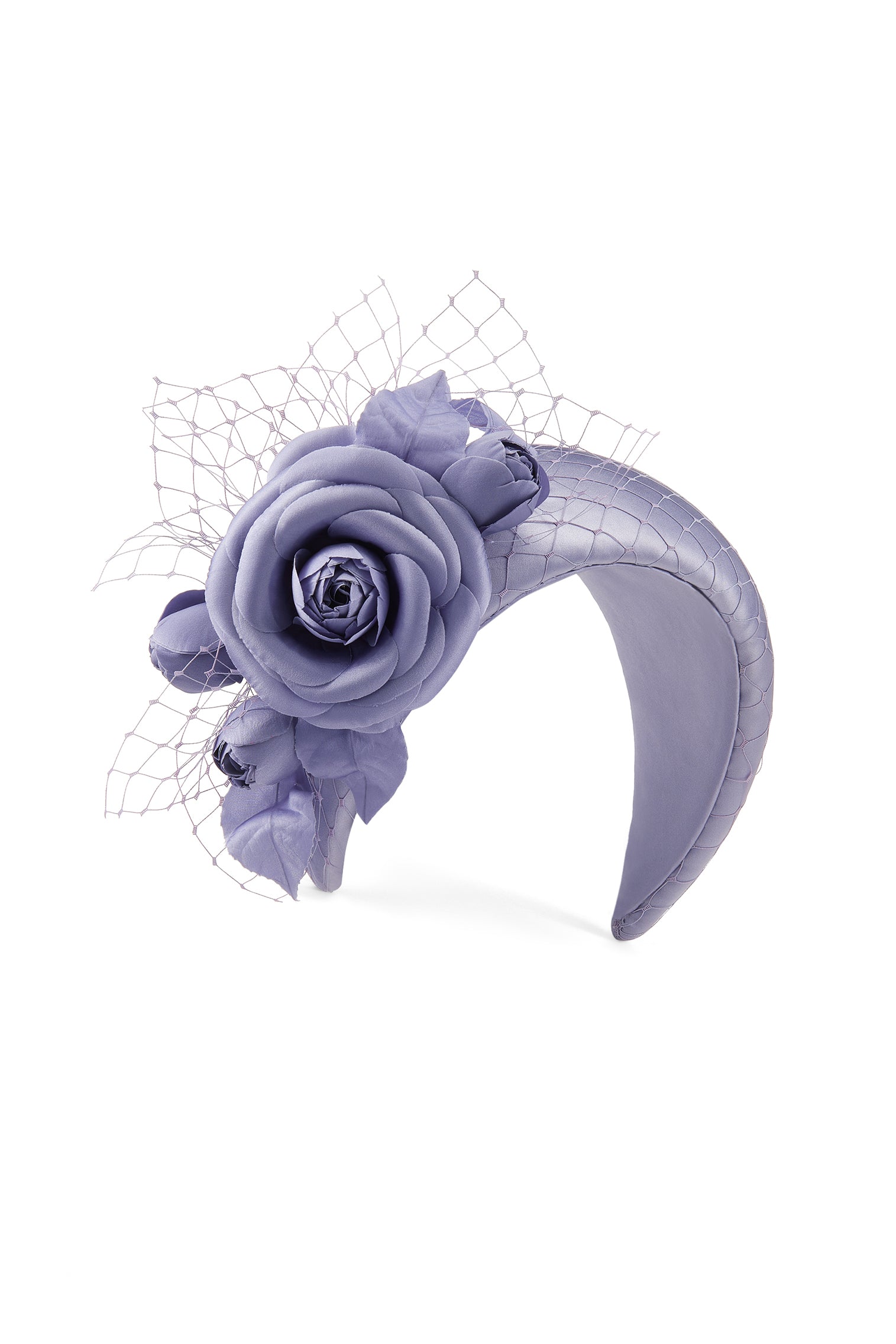 Women's Ceylon Lavender Crepe Back Satin Headband With A Delicate Satin Camellia And Veiling Trim
