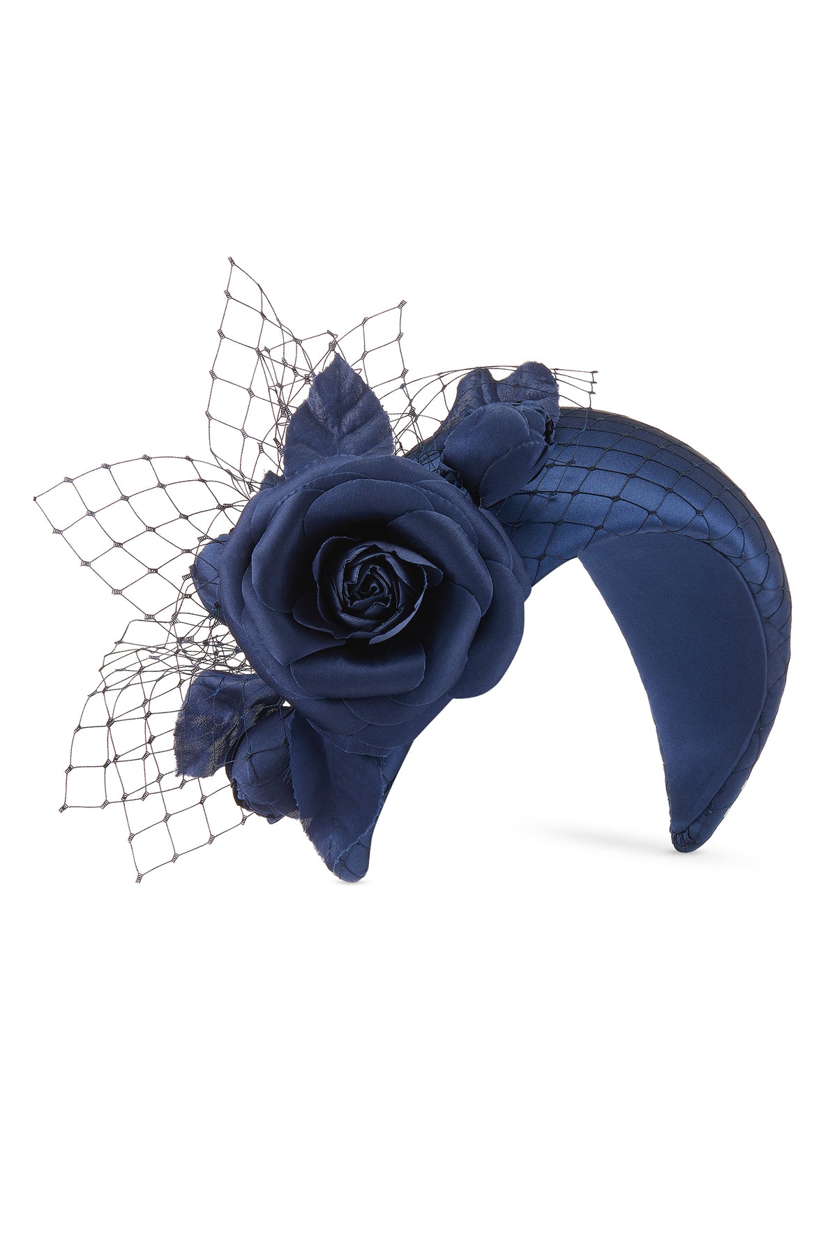 Women&#39;s Ceylon Navy Crepe Back Satin Headband With A Delicate Satin Camellia And Veiling Trim - Lock & Co. Hatters London UK
            