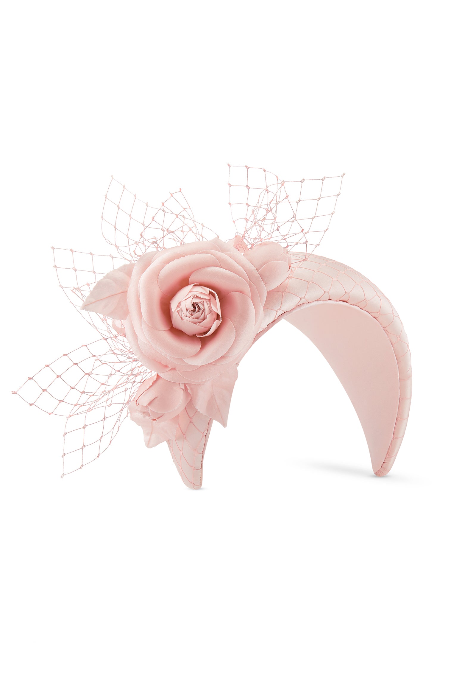Women's Ceylon Pink Crepe Back Satin Headband With A Delicate Satin Camellia And Veiling Trim