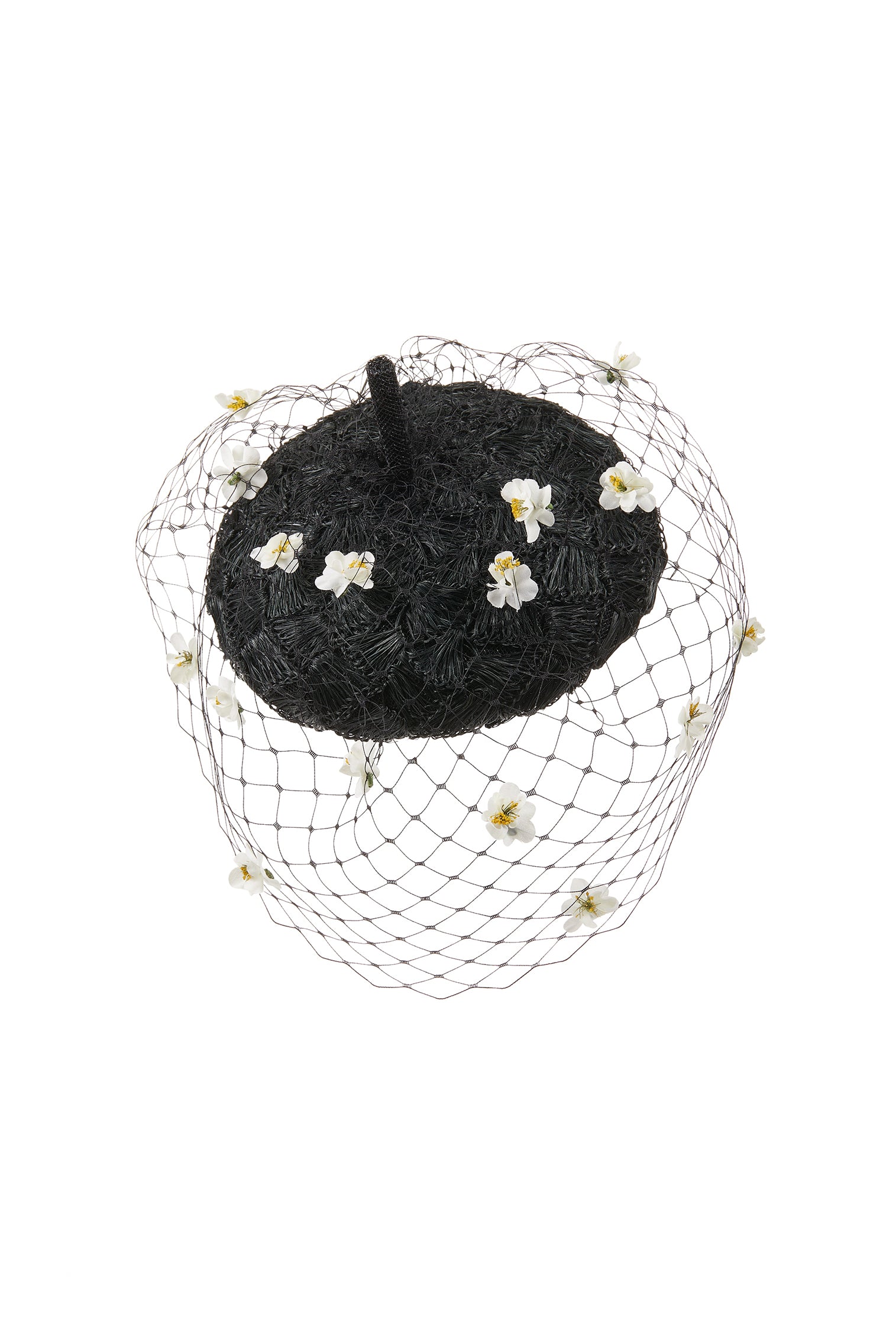 WOMEN'S CHAMOMILE BLACK PARASISAL STRAW COUTURE BERET WITH VINTAGE DAISY SPECKLED VEIL