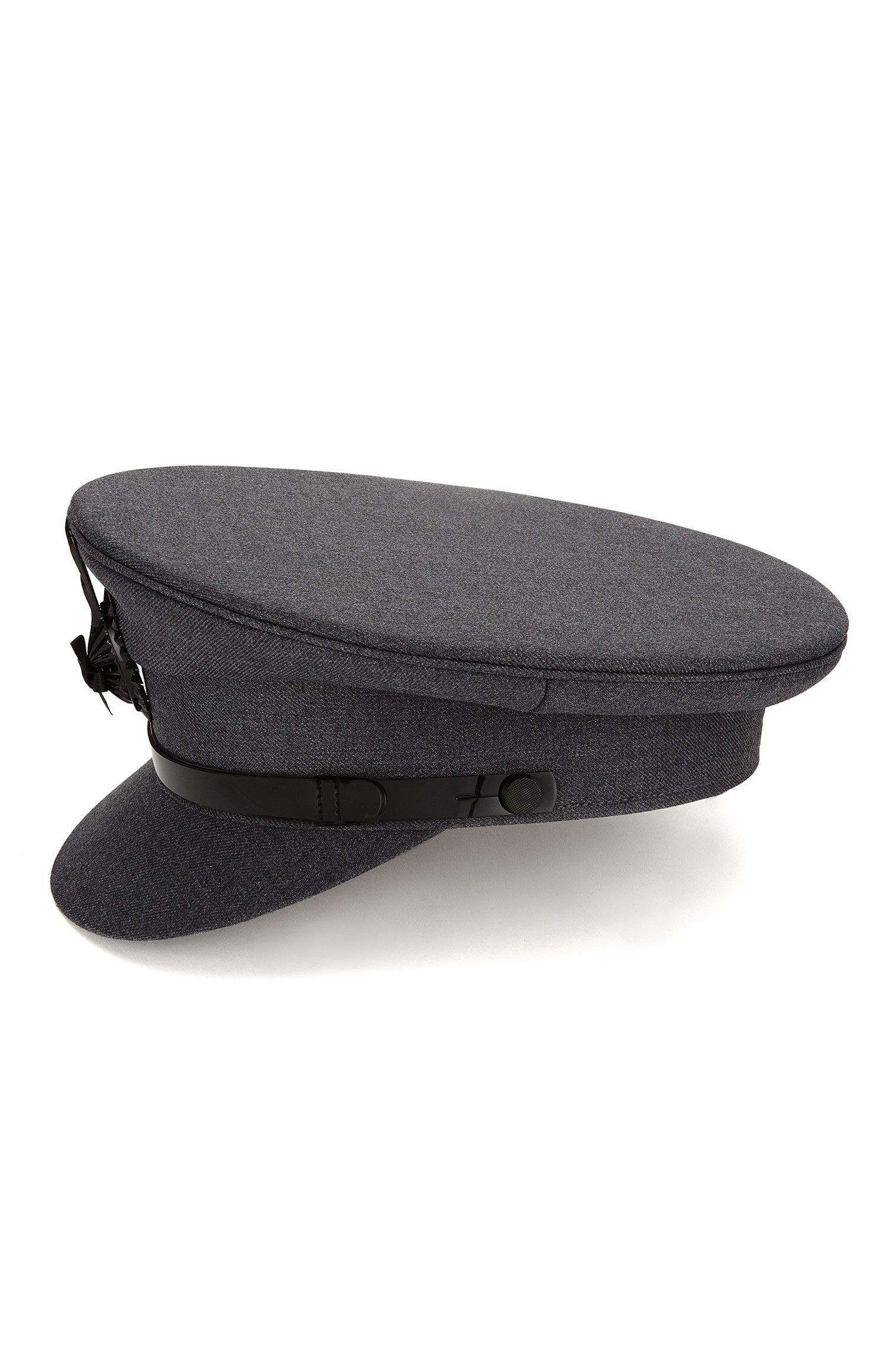 GREY WOOL CLOTH CHAUFFEUR'S CAP FINISHED WITH A BLACK PATENT LEATHER TRIM