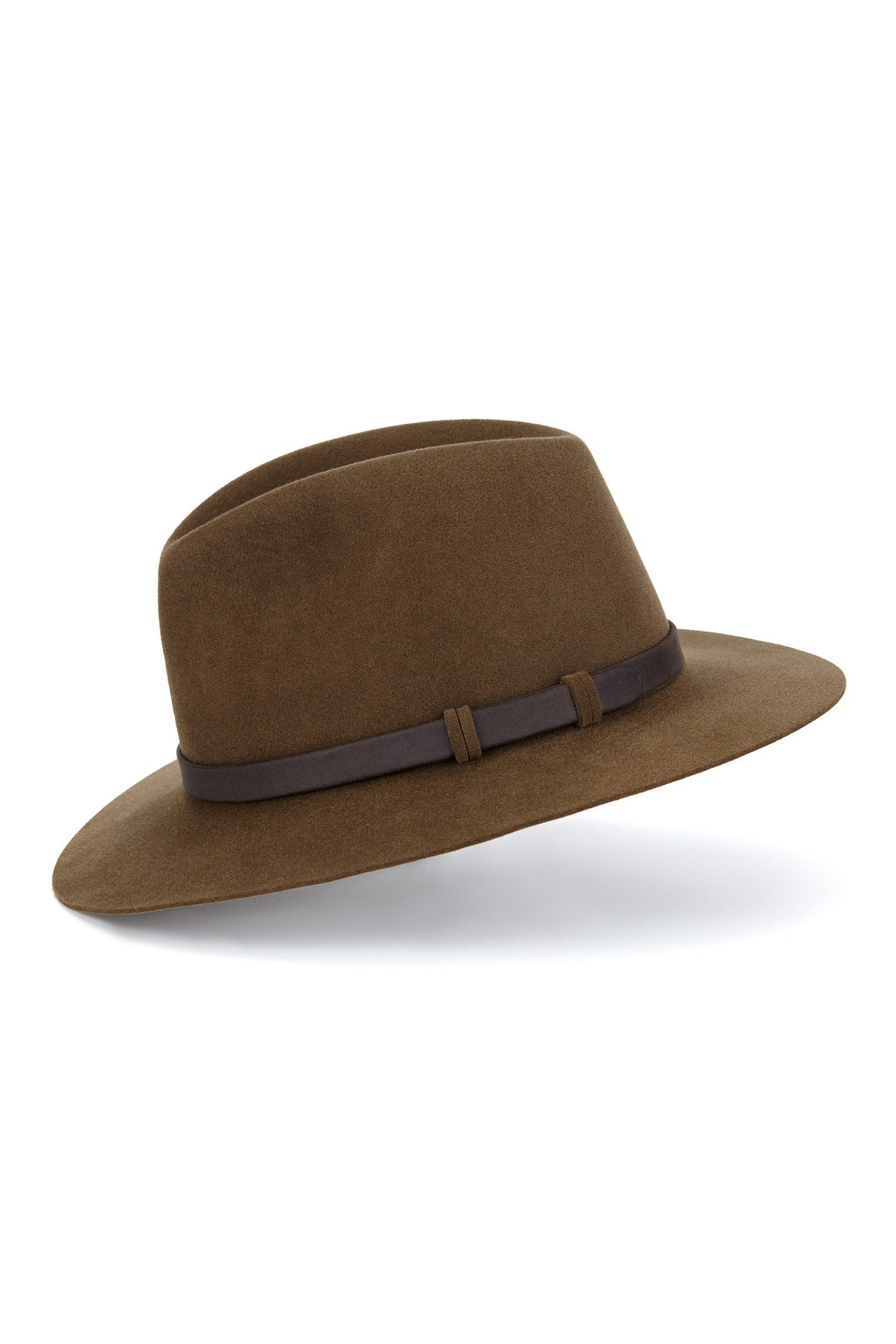 MEN'S OLIVE BROWN FELT TRILBY HAT WITH A BROWN LEATHER BAND