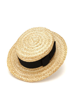 •Classy Chic• Straw Boater Hat With Buckle Logo CTM Straw 2 Inch Brim Boater Hat with Navy Band and Elastic  main image 3
