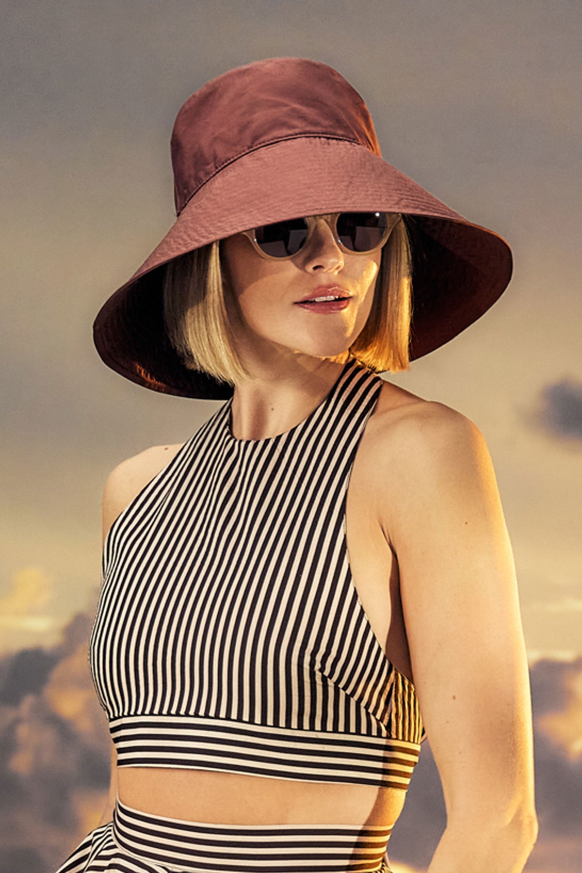 Women's silk brown sun hat with a wide brim