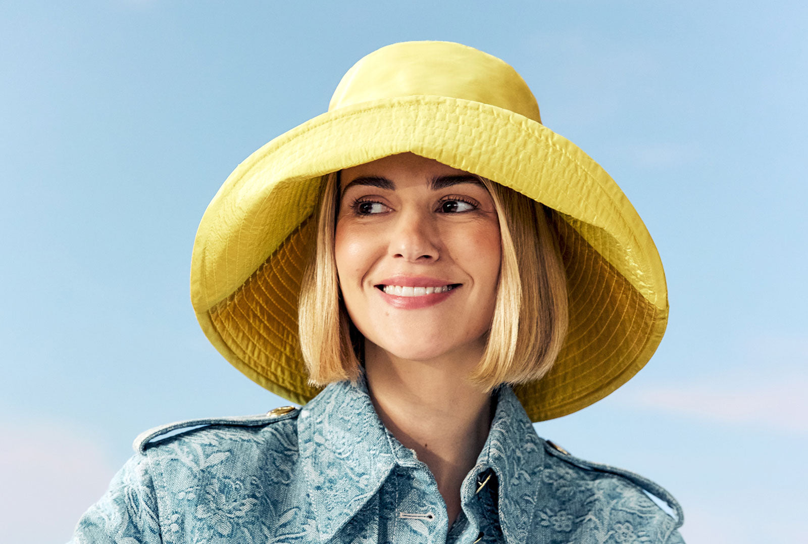 Women's silk yellow sun hat with a wide brim
