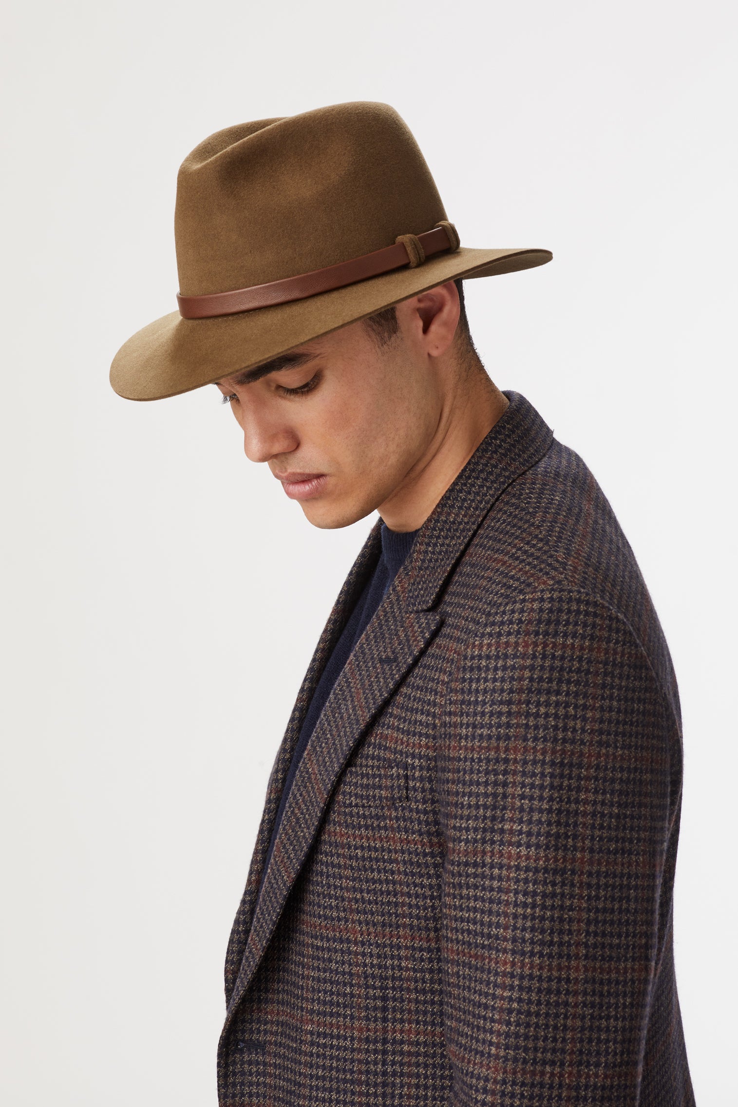OLIVE BROWN FELT TRILBY WITH A BROWN LEATHER BAND