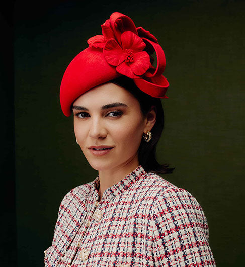 Couture red velour felt tear drop percher hat with three poppies.