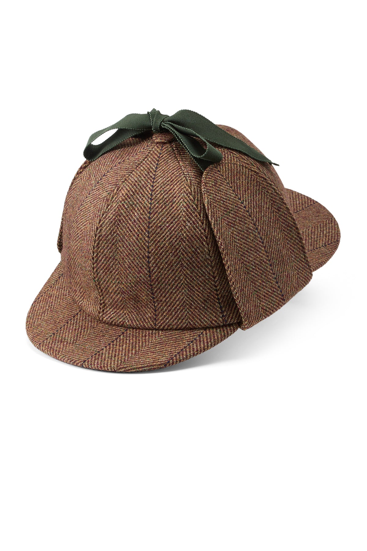 BROWN WOOL TWEED DEERSTALKER HAT WITH EAR FLAPS AND A GREEN GROSGRAIN RIBBON AND BOW