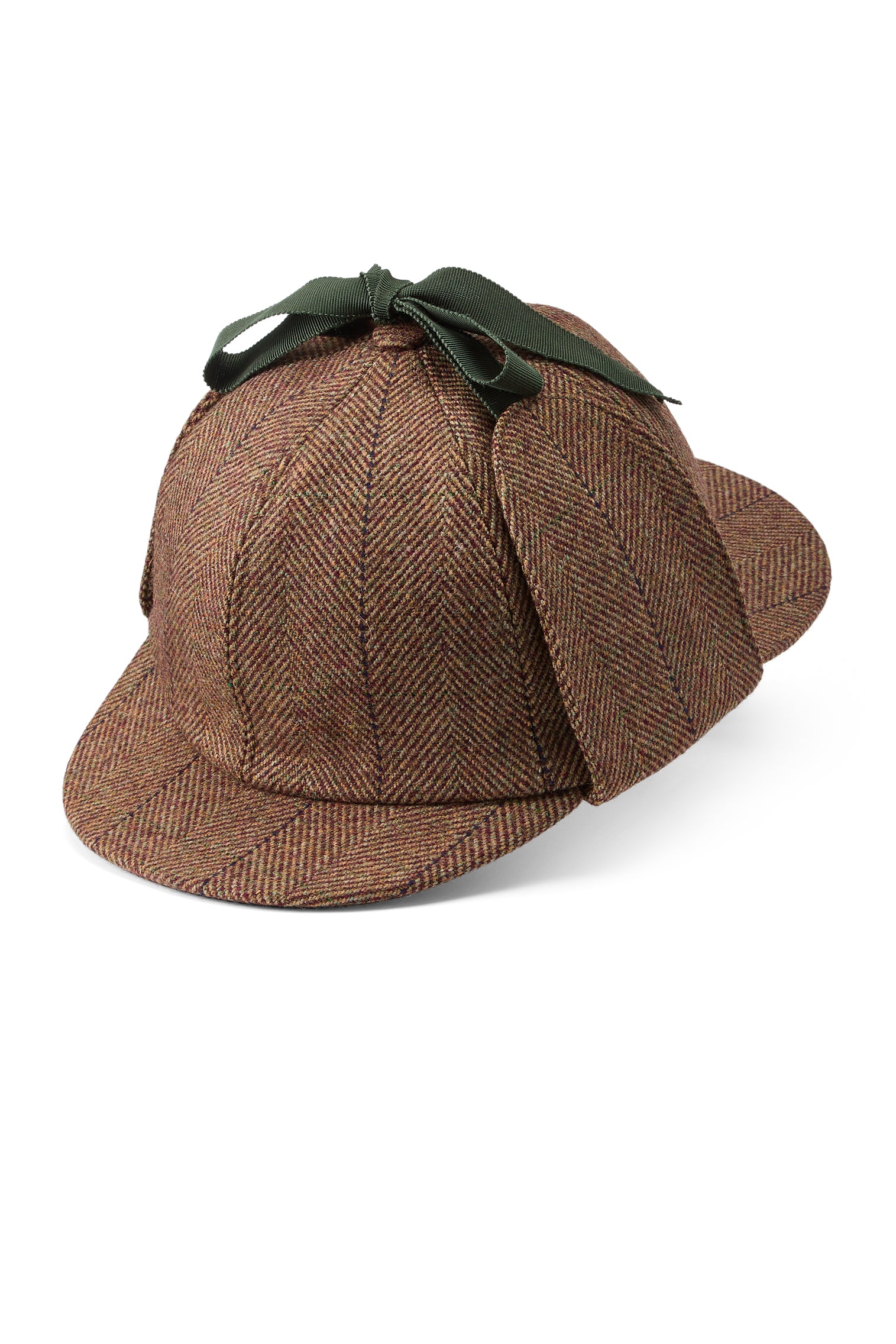 BROWN WOOL TWEED DEERSTALKER HAT WITH EAR FLAPS AND A GREEN GROSGRAIN RIBBON AND BOW