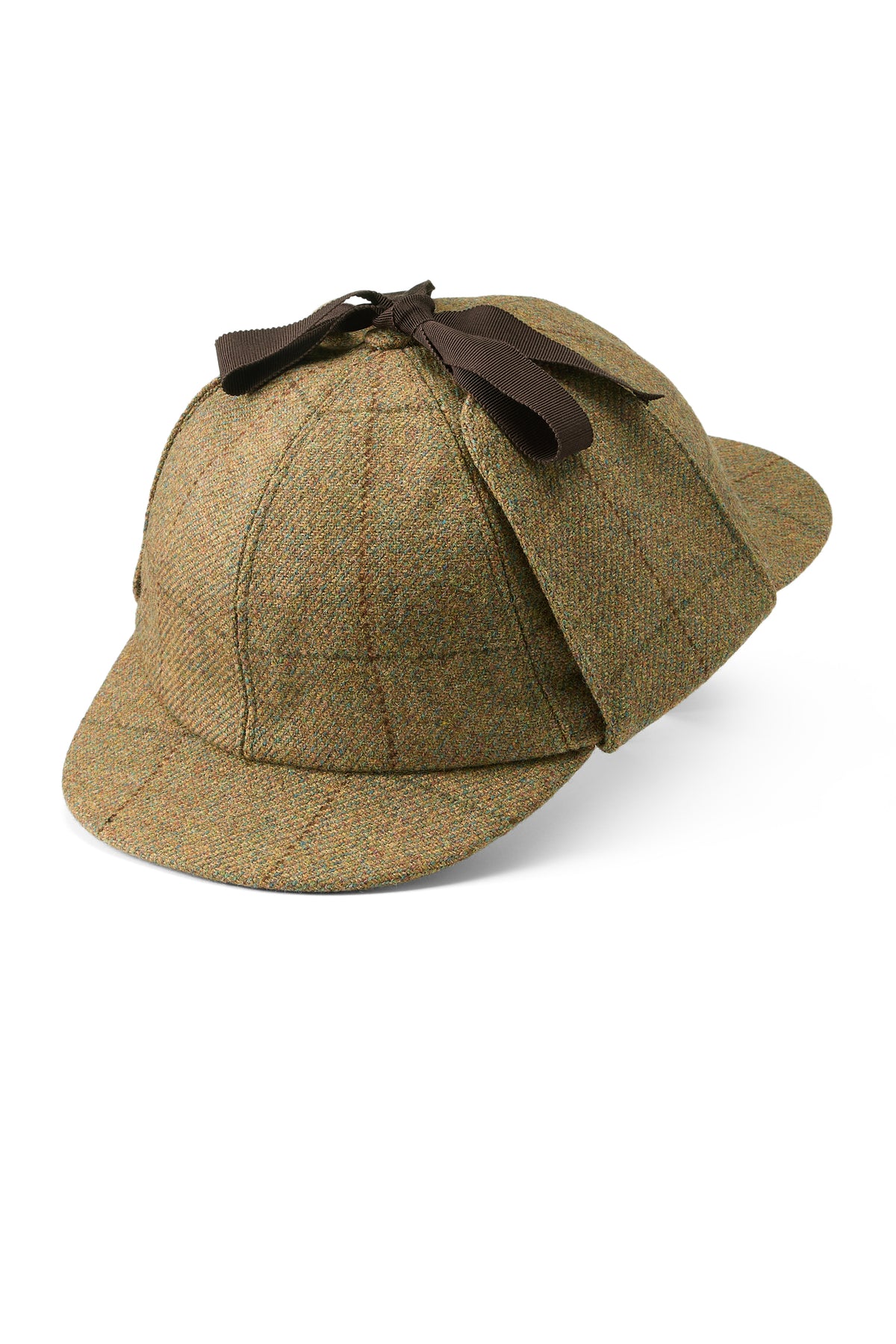 BROWN/GREEN DEERSTALKER WOOL TWEED HAT WITH EAR FLAPS AND A BROWN GROSGRAIN RIBBON AND BOW