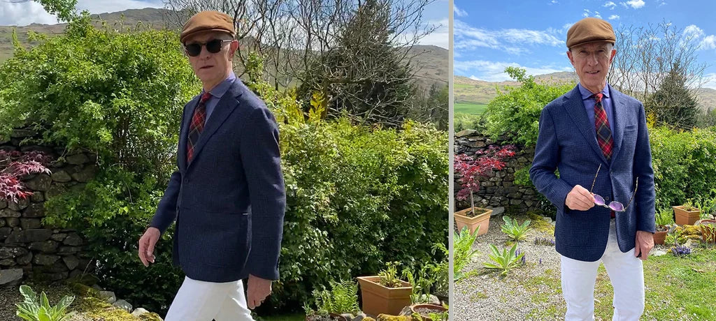 David Evans wearing the Lock & Co. Auric tan flat cap.