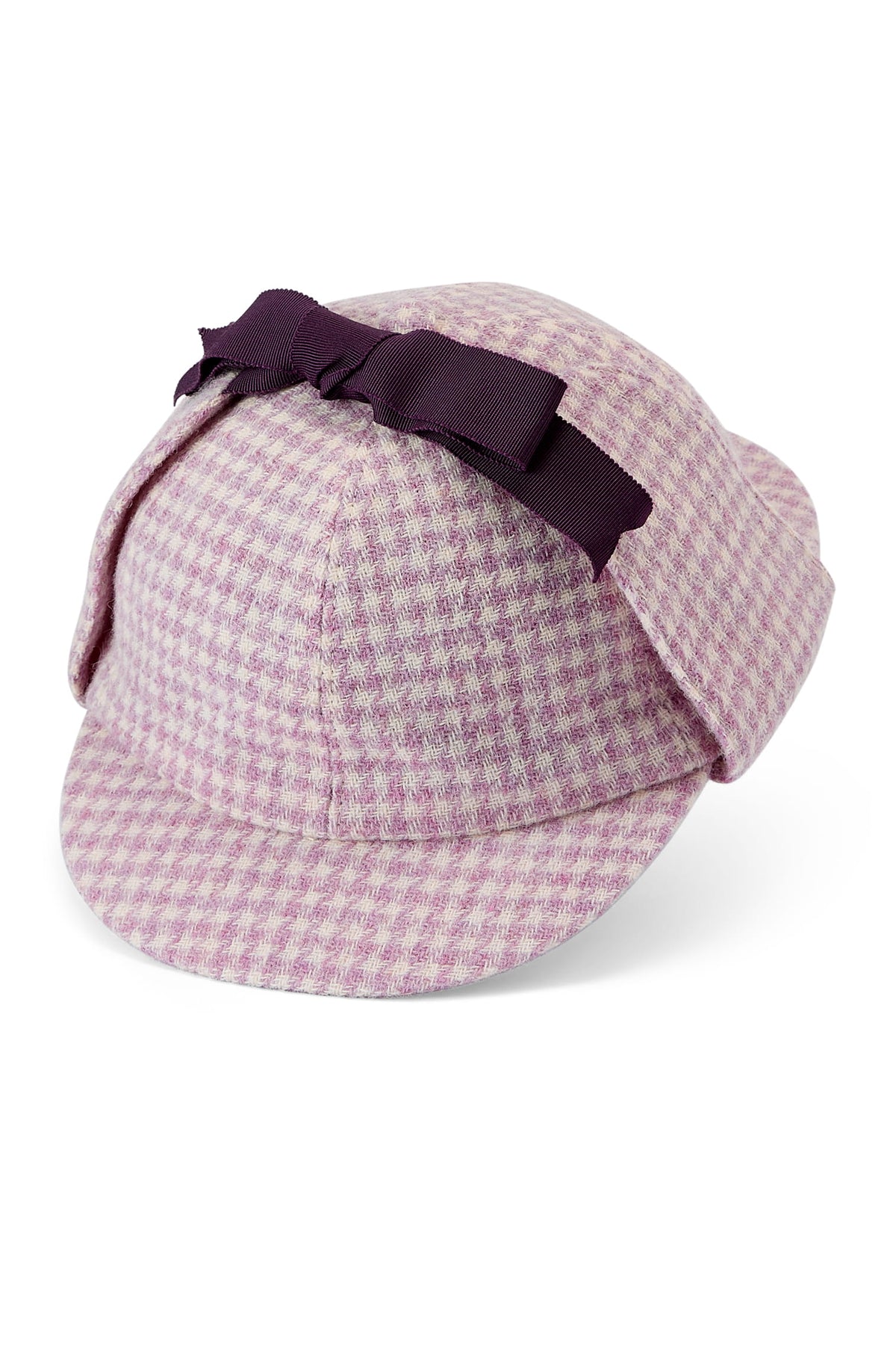 CHECKED PINK &amp; WHITE WOOL TWEED DEERSTALKER HAT WITH EAR FLAPS AND A DARK PURPLE GROSGRAIN RIBBON AND BOW
