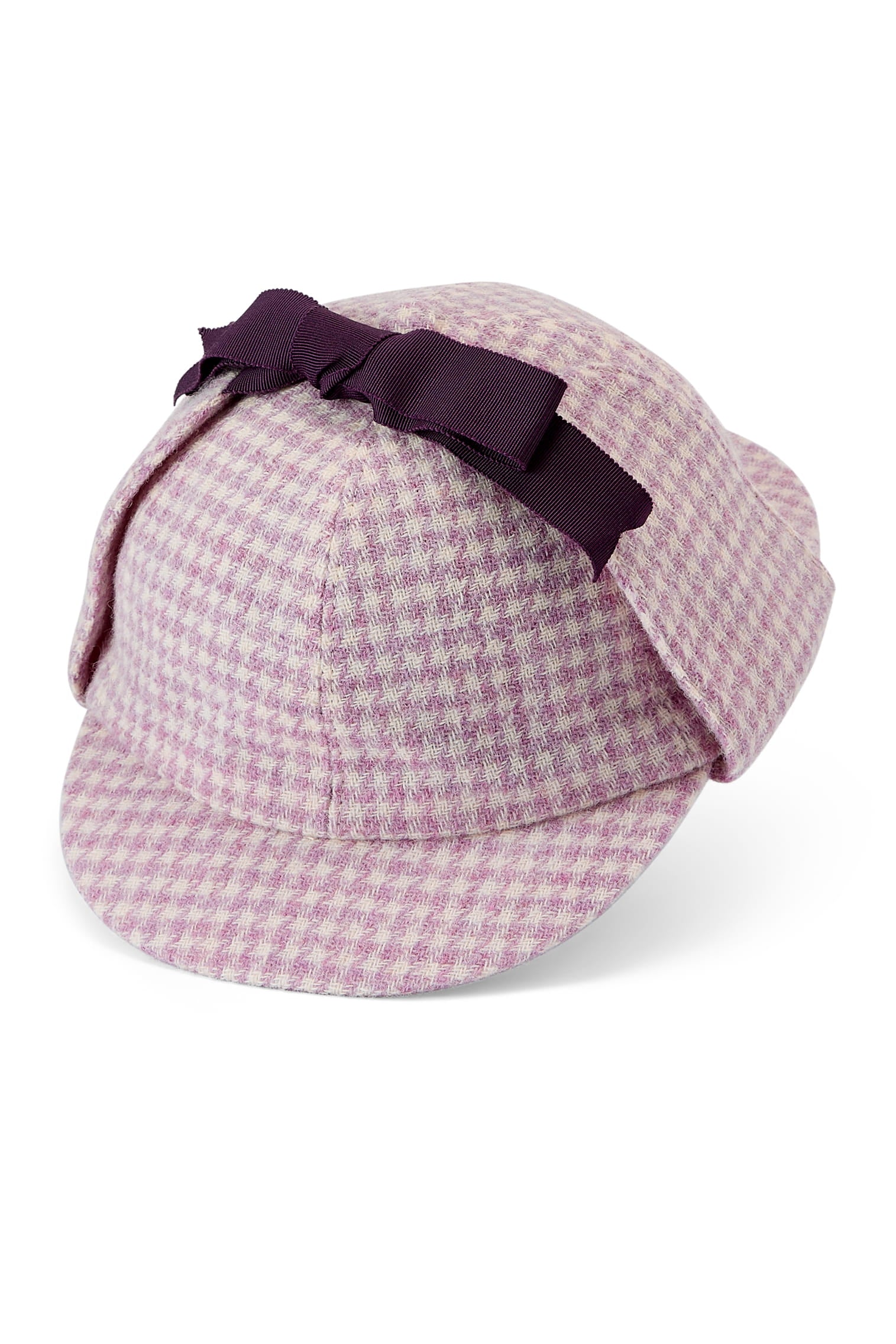 CHECKED PINK & WHITE WOOL TWEED DEERSTALKER HAT WITH EAR FLAPS AND A DARK PURPLE GROSGRAIN RIBBON AND BOW