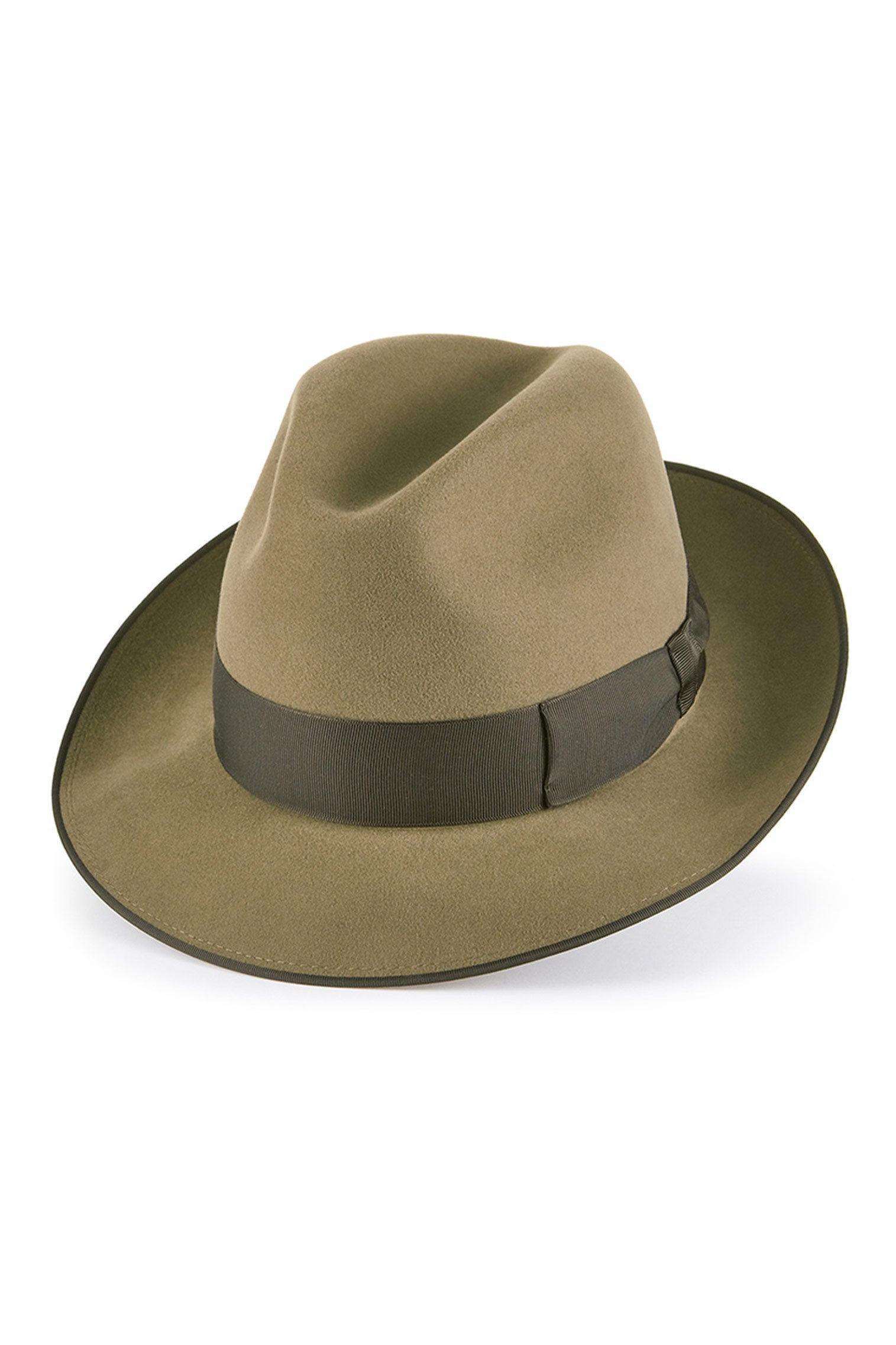 MEN'S TAUPE ESCORIAL WOOL TRILBY HAT WITH A BOUND EDGE AND A KHAKI GROSGRAIN BAND AND BOW