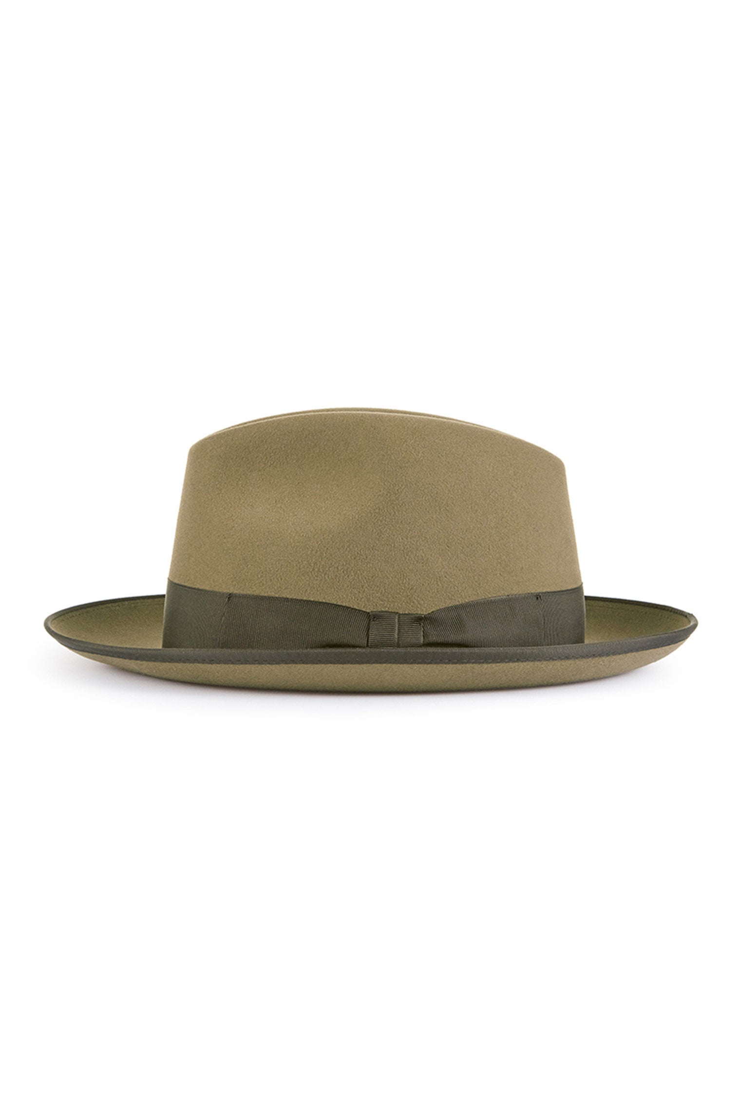 MEN'S TAUPE ESCORIAL WOOL TRILBY HAT WITH A BOUND EDGE AND A KHAKI GROSGRAIN BAND AND BOW