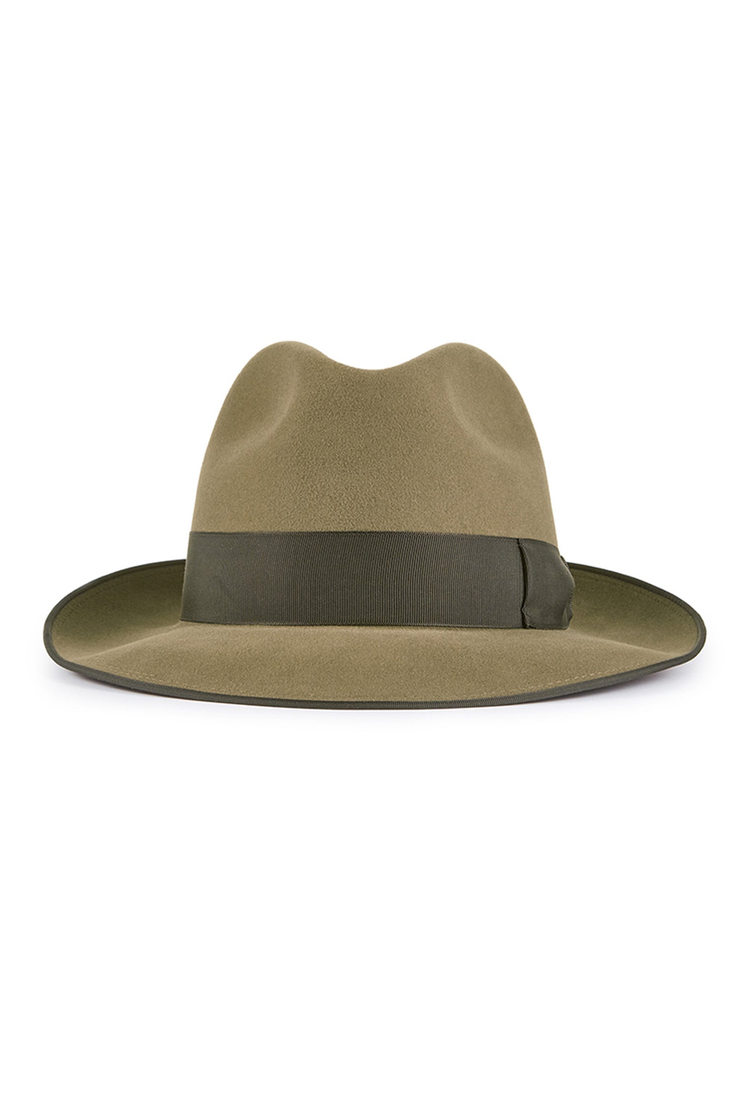 MEN'S TAUPE ESCORIAL WOOL TRILBY HAT WITH A BOUND EDGE AND A KHAKI GROSGRAIN BAND AND BOW