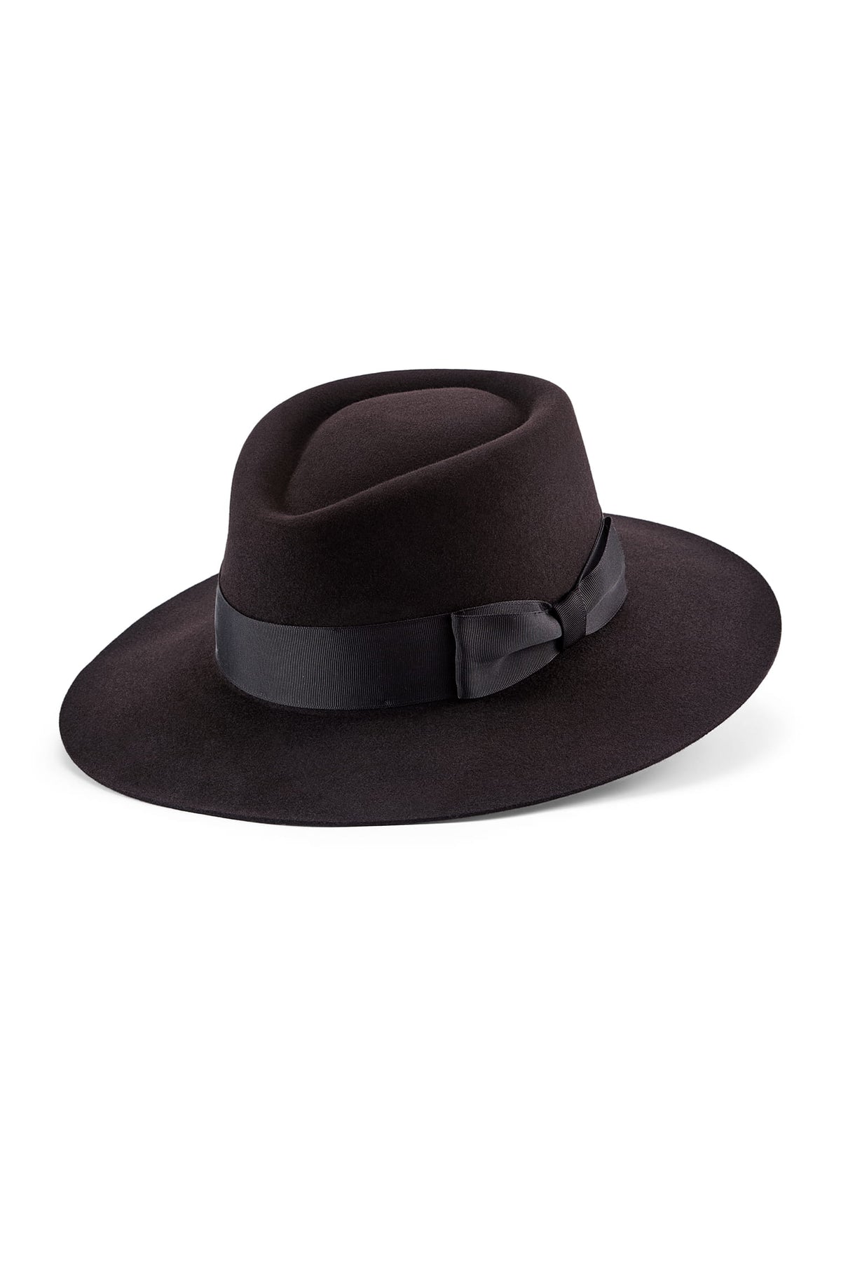 Unisex brown fedora hat with a brown band and bow.