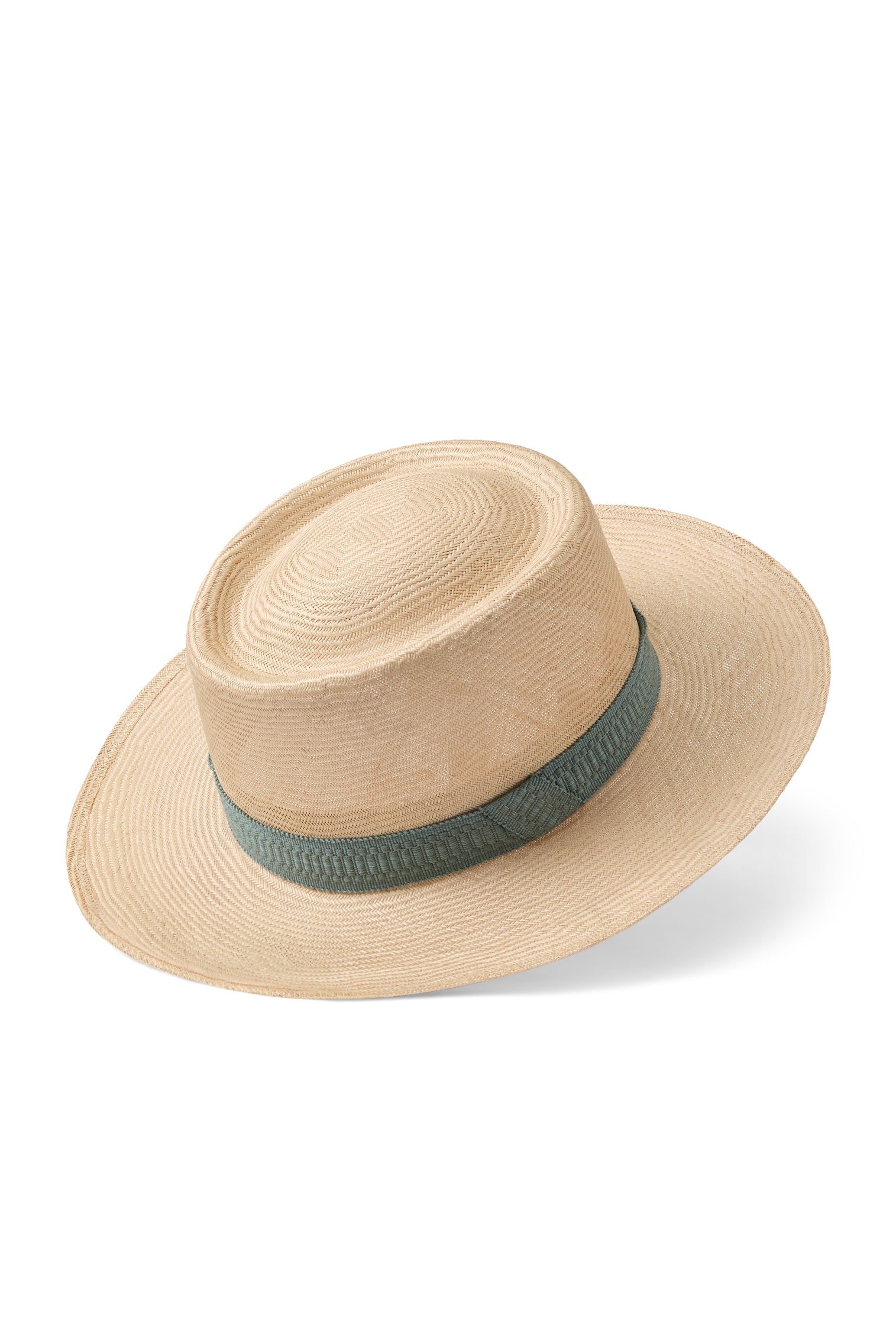 PORK PIE STRAW HAT WITH A TEXTURED BLUE/GREEN COTTON BAND