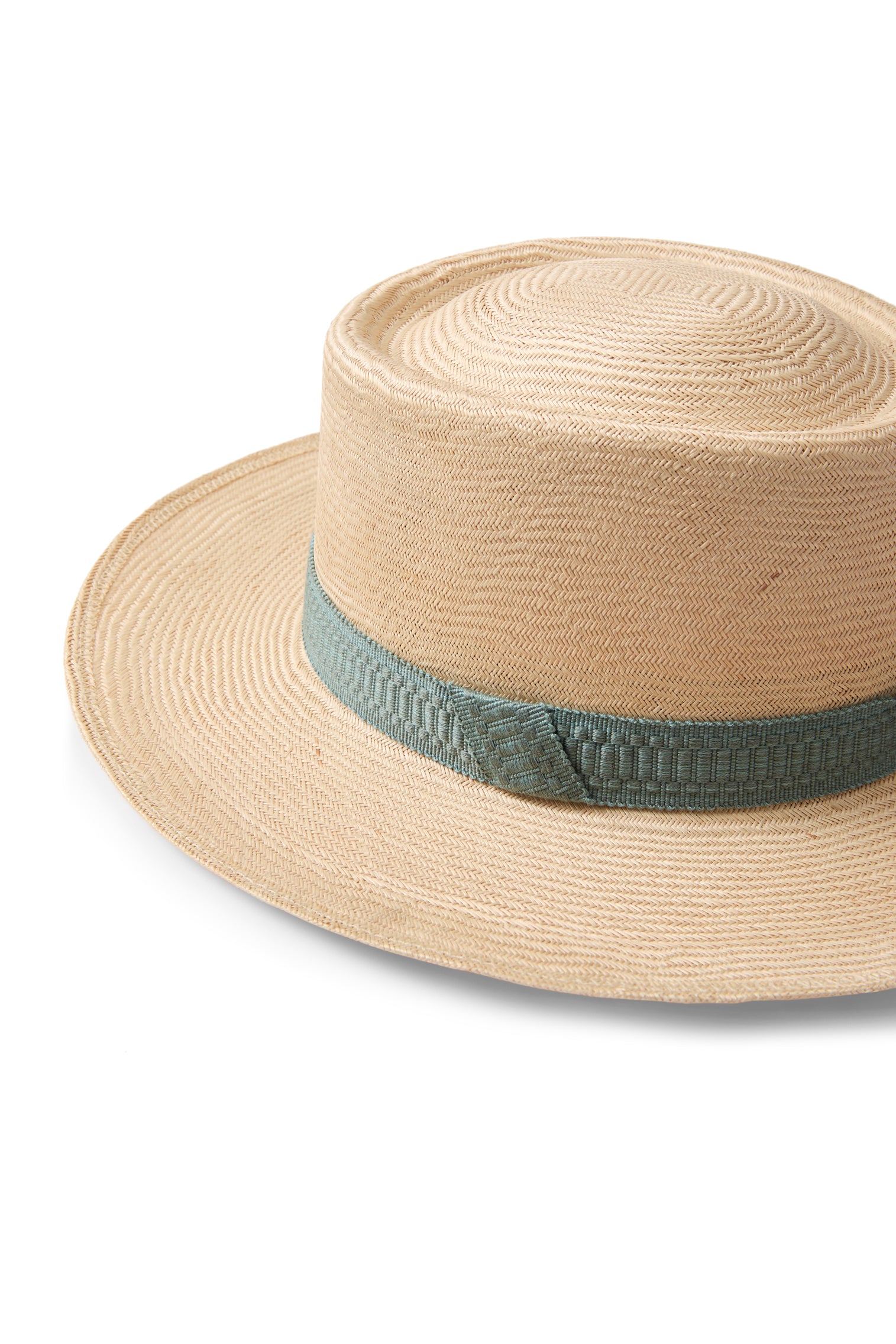 PORK PIE STRAW HAT WITH A TEXTURED BLUE/GREEN COTTON BAND
