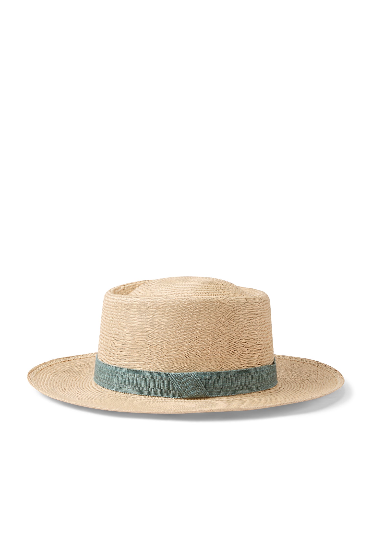 PORK PIE STRAW HAT WITH A TEXTURED BLUE/GREEN COTTON BAND