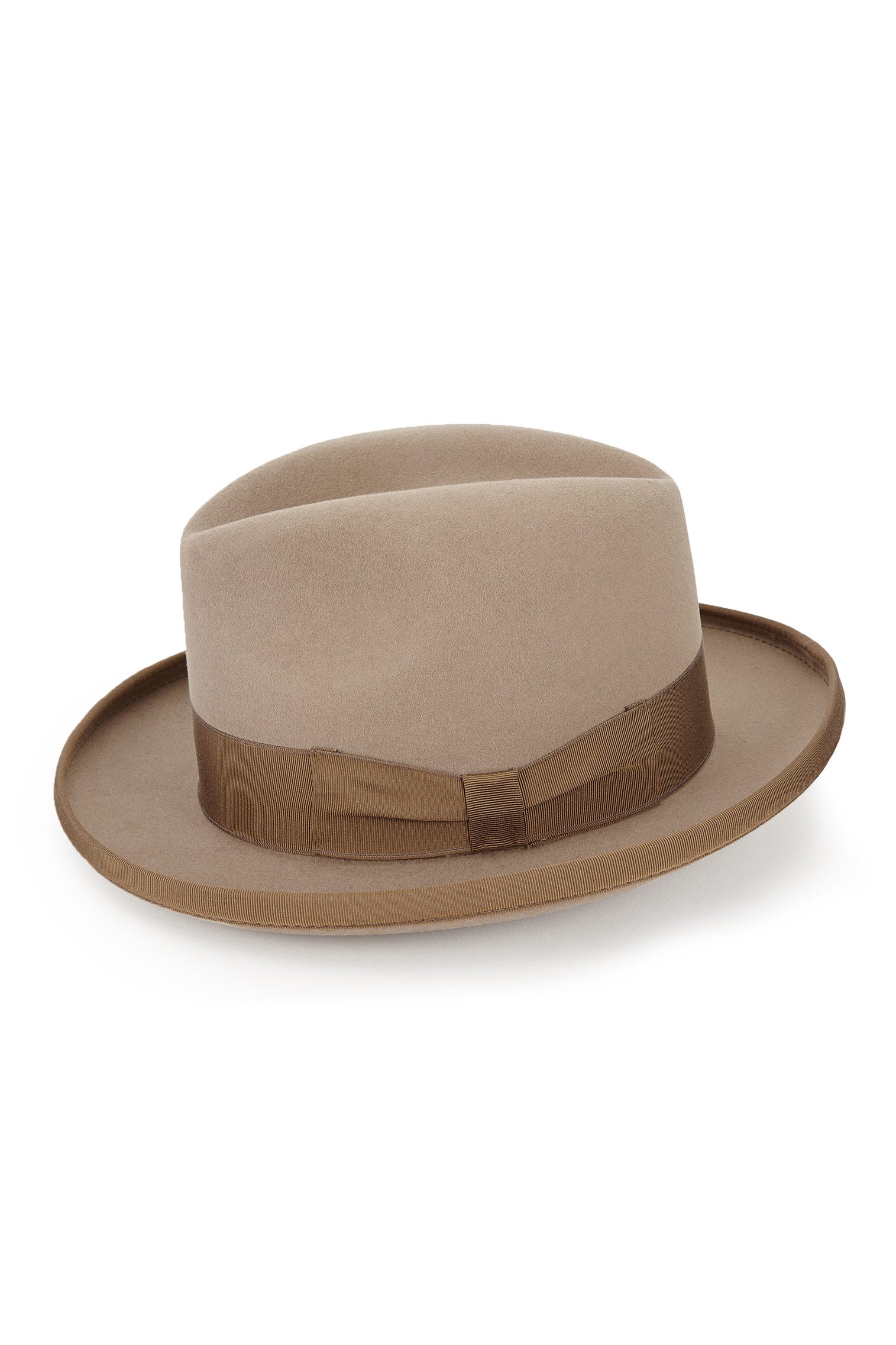 MEN'S BEIGE RABBIT FUR FELT HOMBURG HAT WITH A KETTLE CURL BRIM AND A LIGHT BROWN GROSGRAIN BAND AND BOW