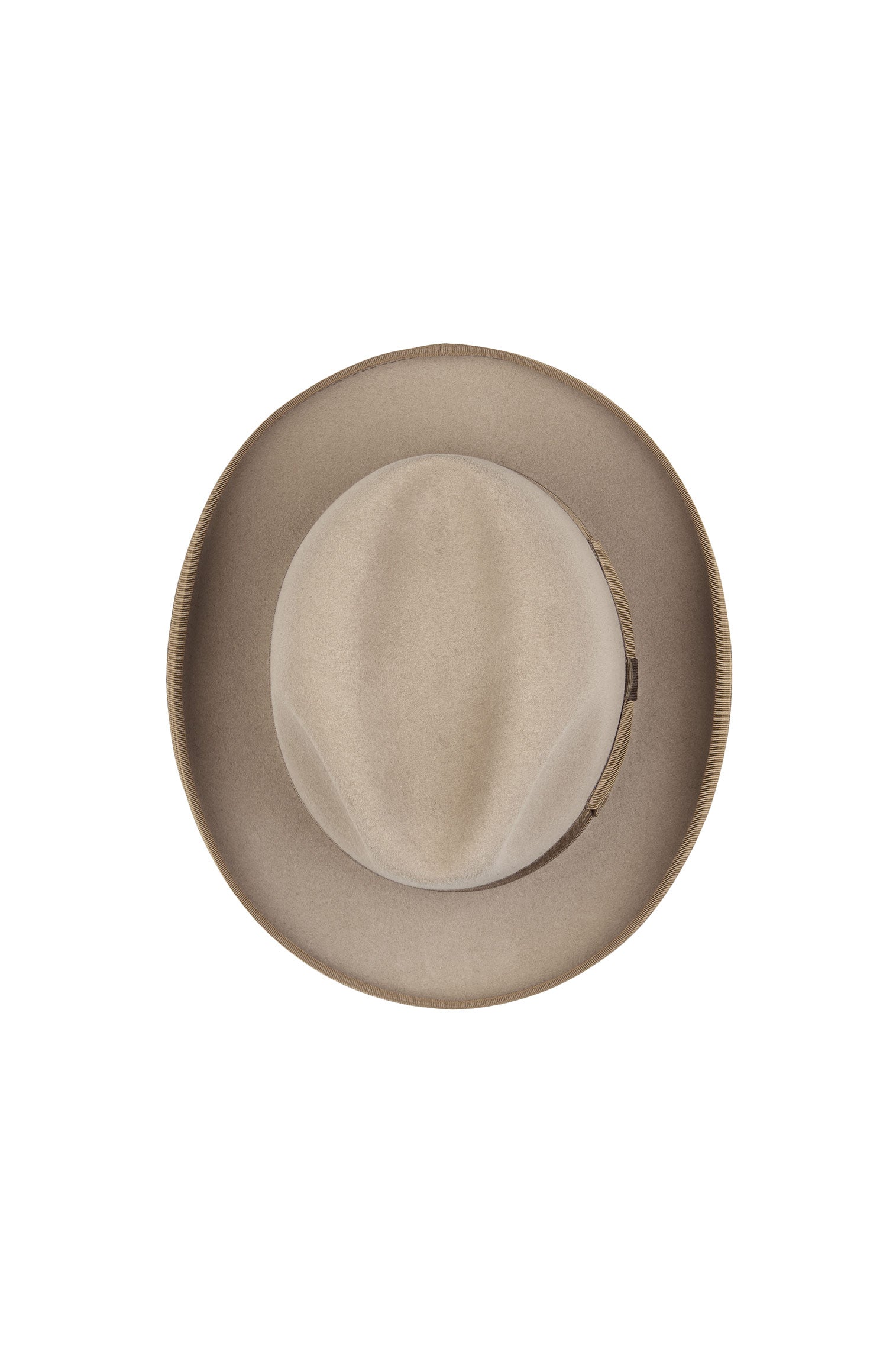 MEN'S BEIGE RABBIT FUR FELT HOMBURG HAT WITH A KETTLE CURL BRIM AND A LIGHT BROWN GROSGRAIN BAND AND BOW