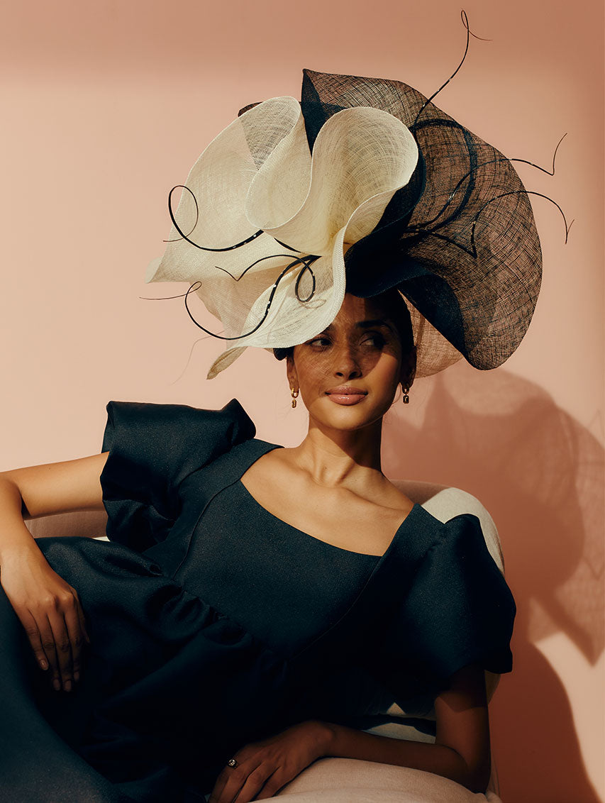 Oversized black and white teardrop percher in parasisal straw