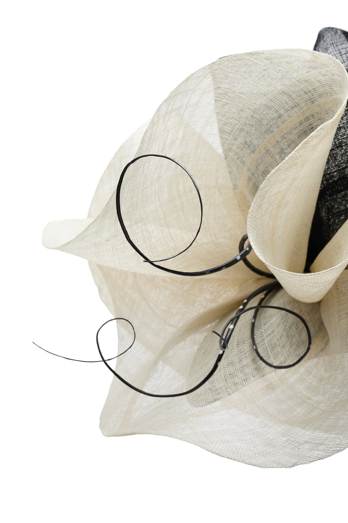 Black and white oversized teardrop percher in parasisal straw with oversized sinamay flowers and sculpted polka dot ostrich quills - Lock & Co. Hatters London UK
            