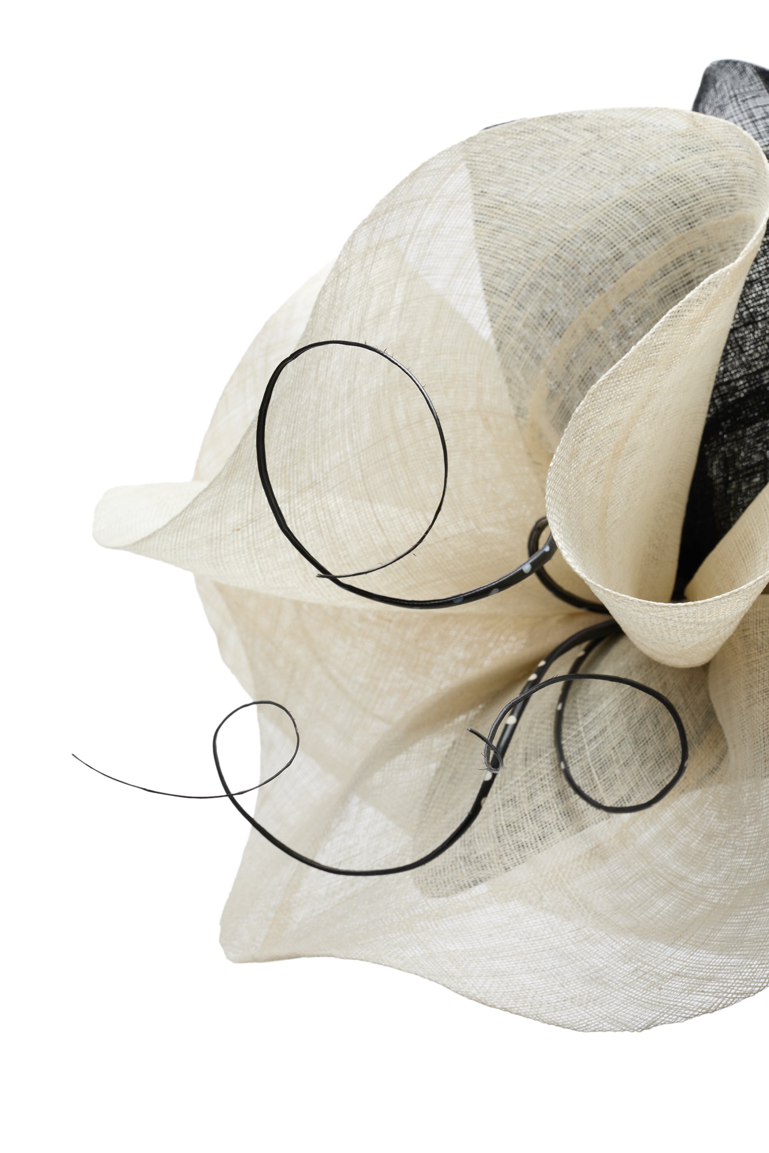 Black and white oversized teardrop percher in parasisal straw with oversized sinamay flowers and sculpted polka dot ostrich quills