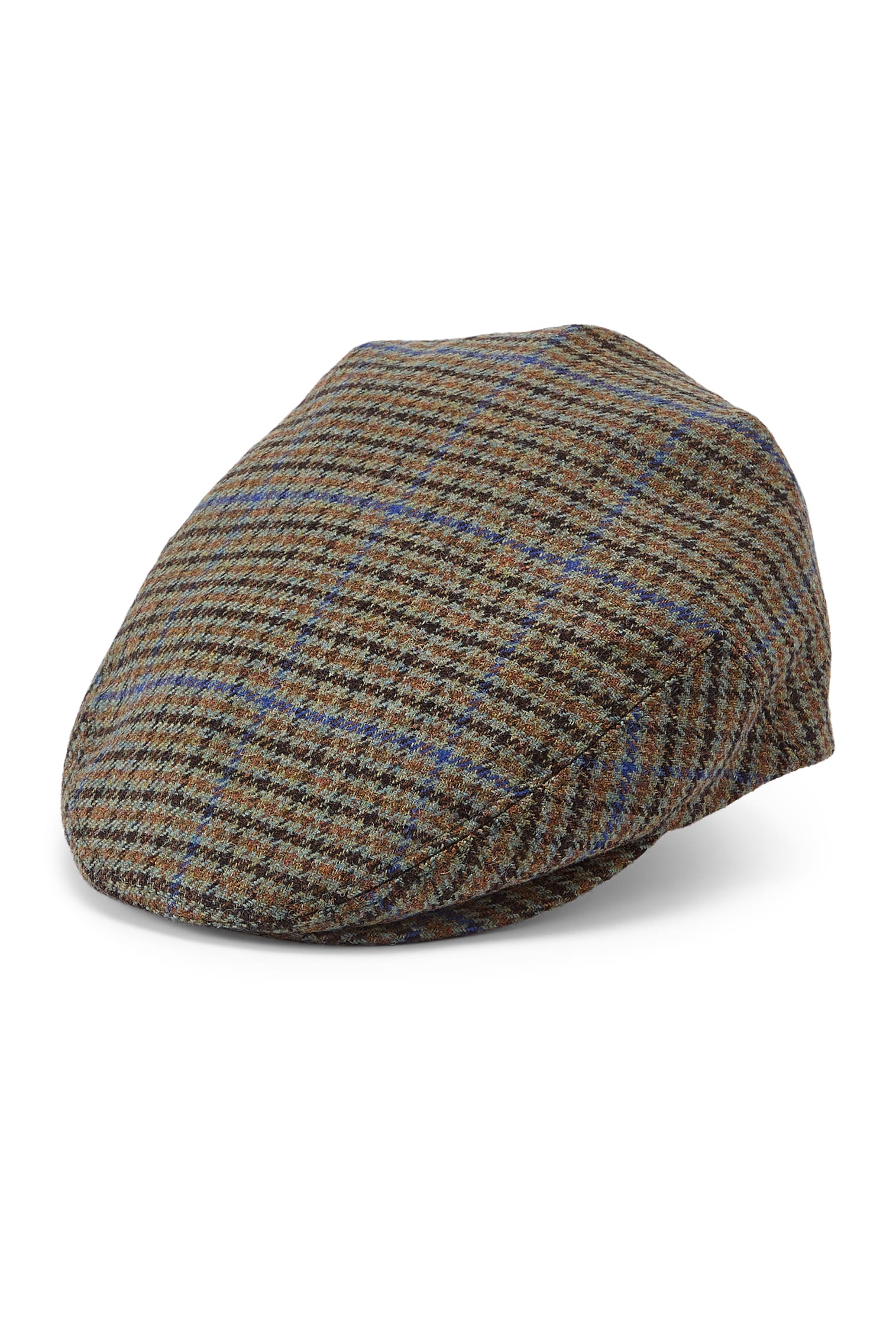 MENS GREEN AND BROWN WOOL CHECK HOUNDSTOOTH PATTERN FLAT CAP