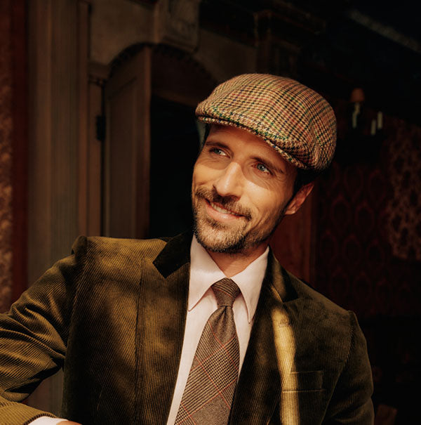 RED, GREEN AND BROWN CHECK CASHMERE TWEED FLAT CAP