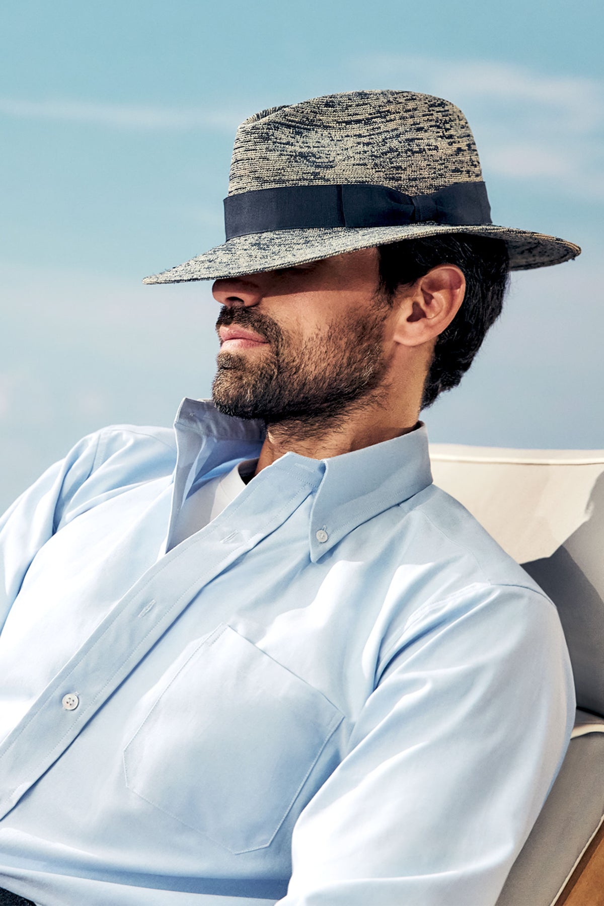 MEN'S BLUE CROCHET TRILBY HAT WITH A NAVY BAND AND BOW
