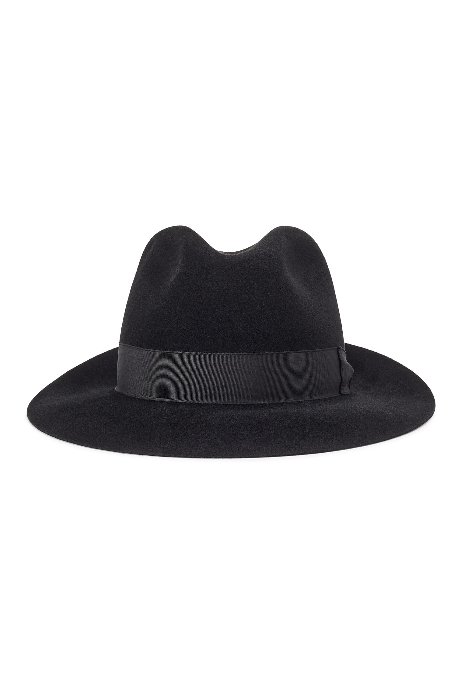 BLACK FELT FEDORA HAT WITH A BLACK GROSGRAIN BAND AND BOW