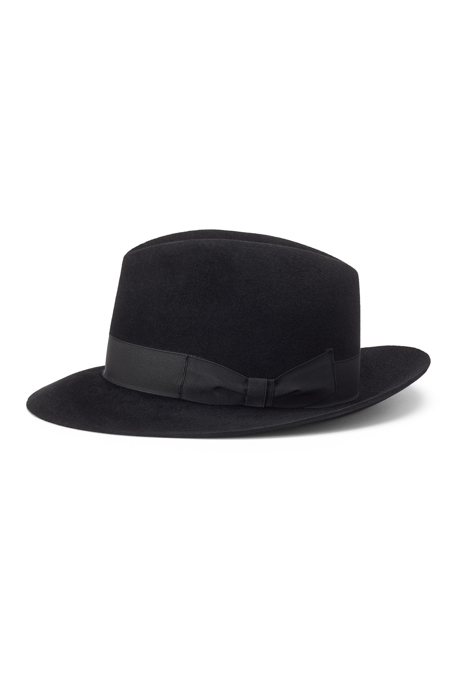 BLACK FELT FEDORA HAT WITH A BLACK GROSGRAIN BAND AND BOW