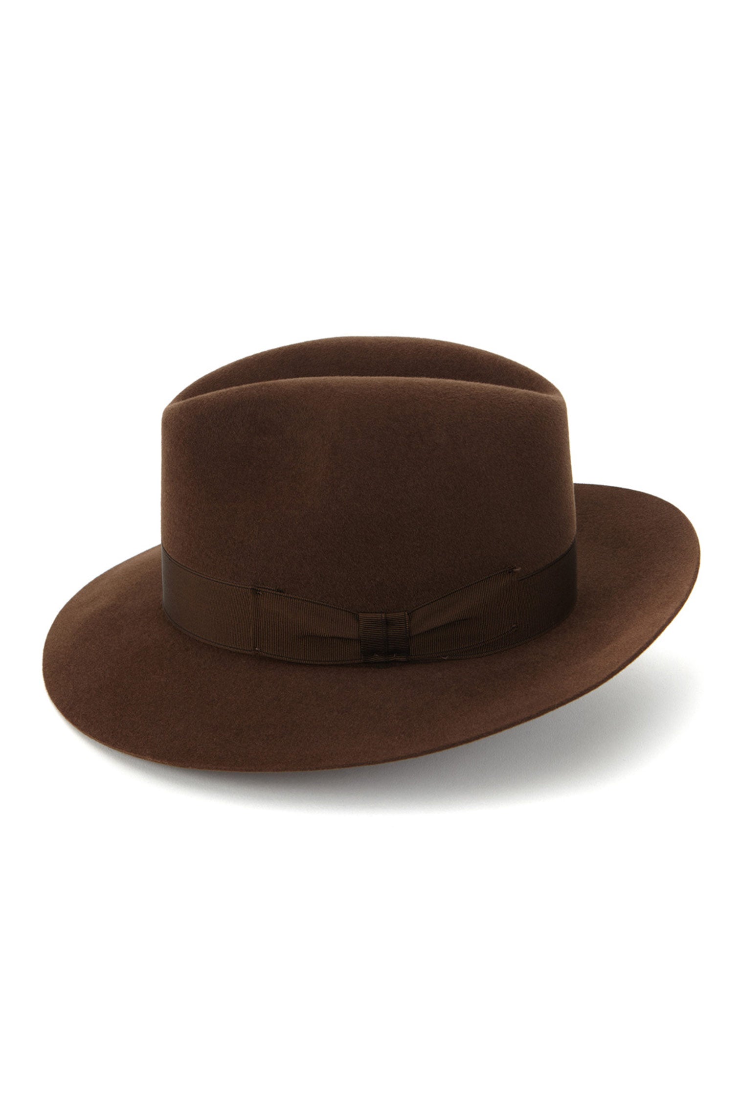 BROWN FELT FEDORA HAT WITH A BROWN GROSGRAIN BAND AND BOW