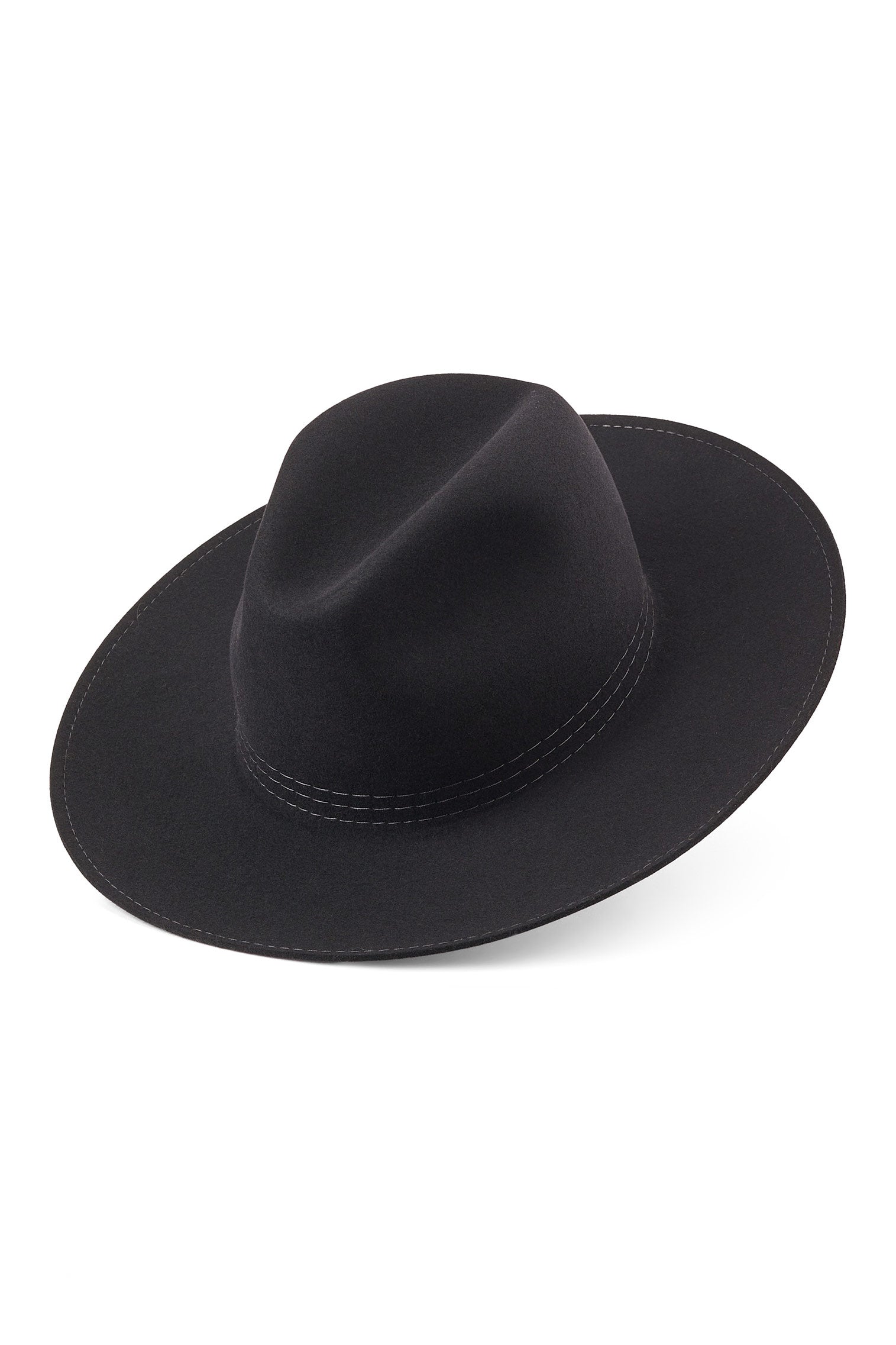 HEPWORTH BLACK WOOL FELT FEDORA HAT WITH DOUBLE-ROW STITCHED TRIM