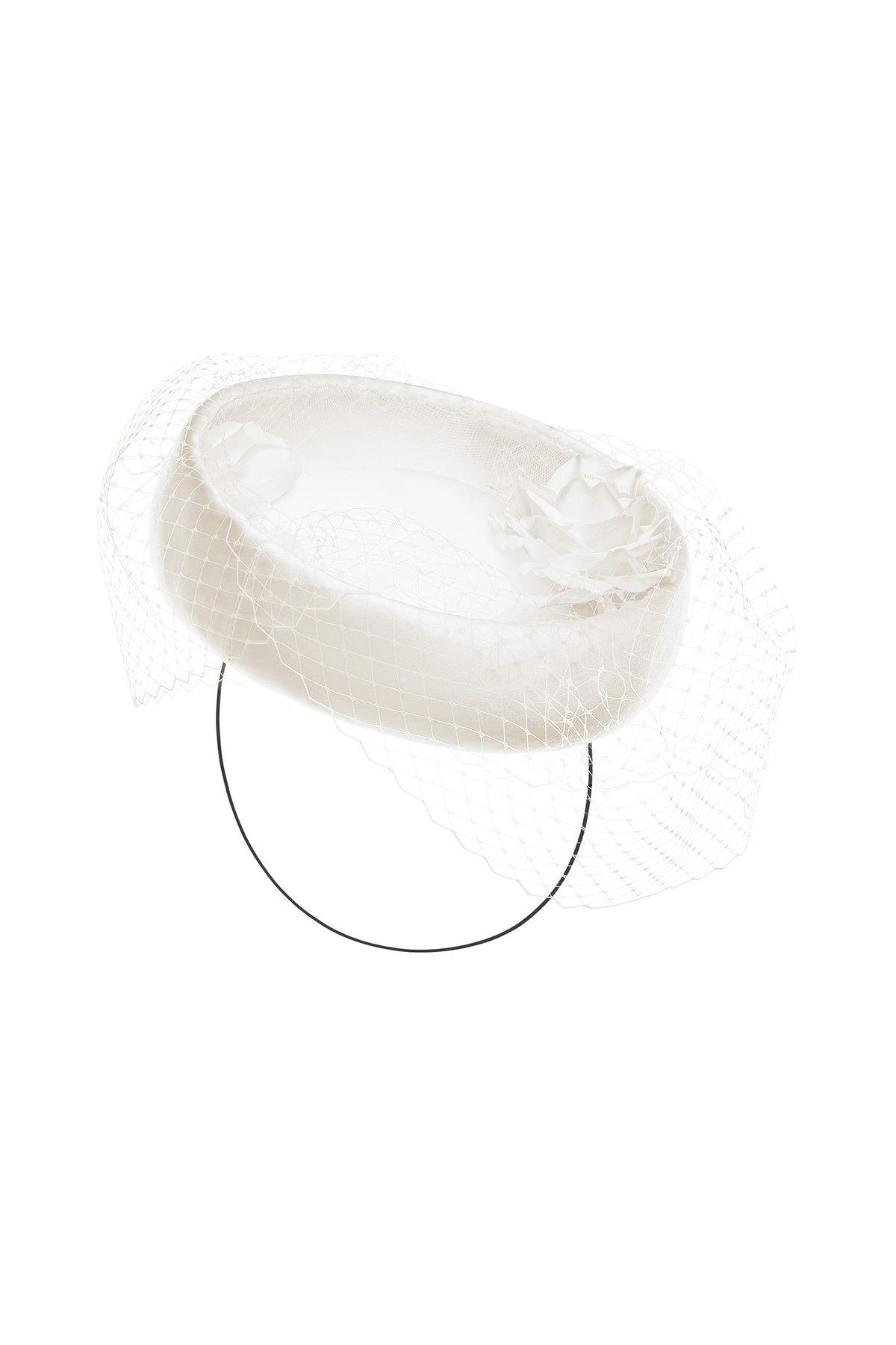 IVORY DUCHESS SATIN COVERED ROUND COUTURE HAT WITH ROSE DETAILING AND BIRDCAGE VEIL - Lock & Co. Hatters London UK
            