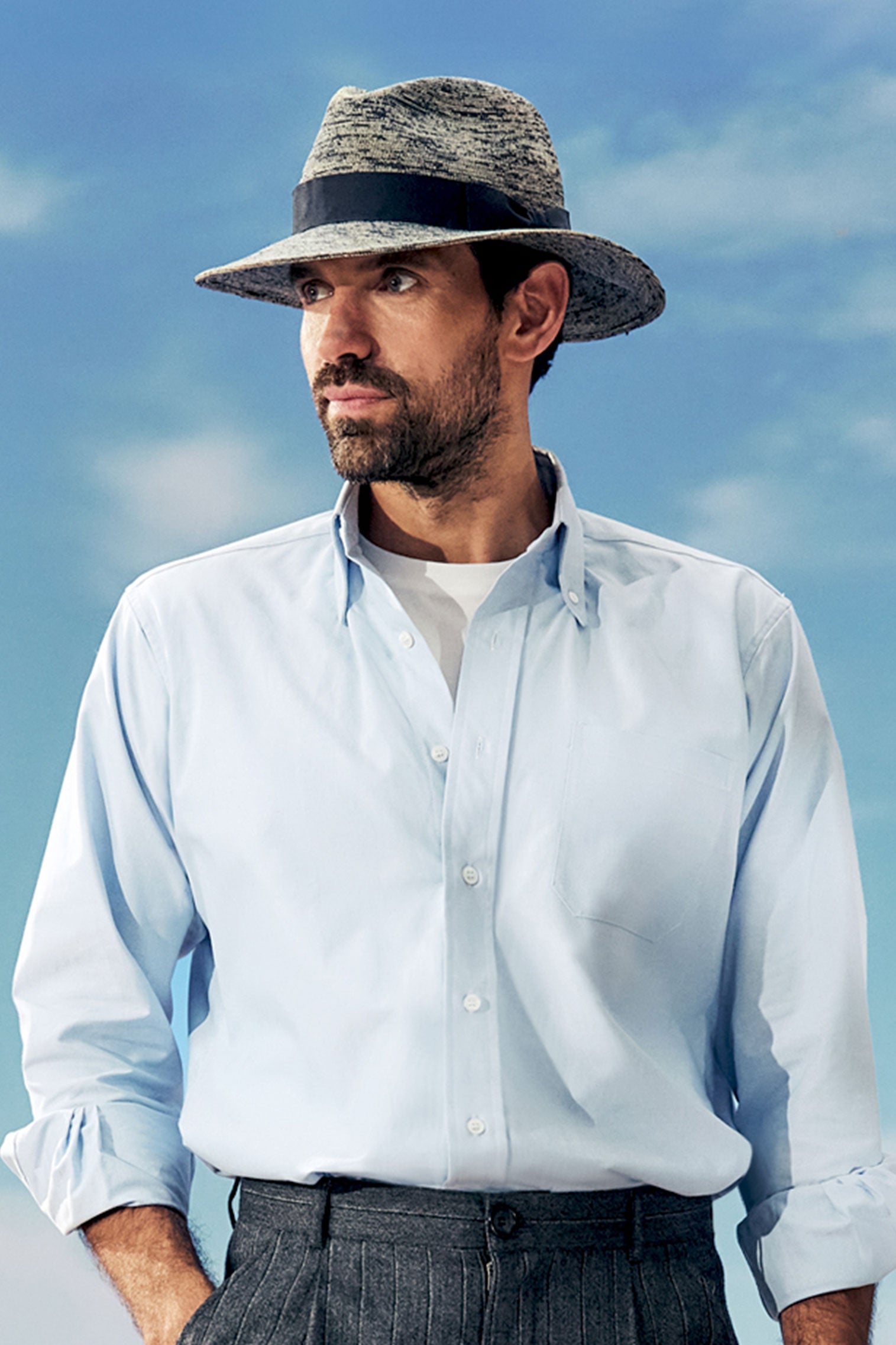 MEN'S BLUE CROCHET TRILBY HAT WITH A NAVY BAND AND BOW