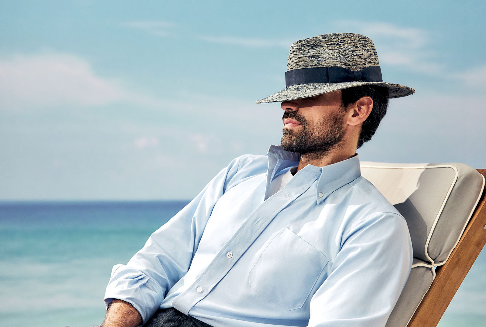 MEN'S BLUE CROCHET TRILBY HAT WITH A NAVY BAND AND BOW